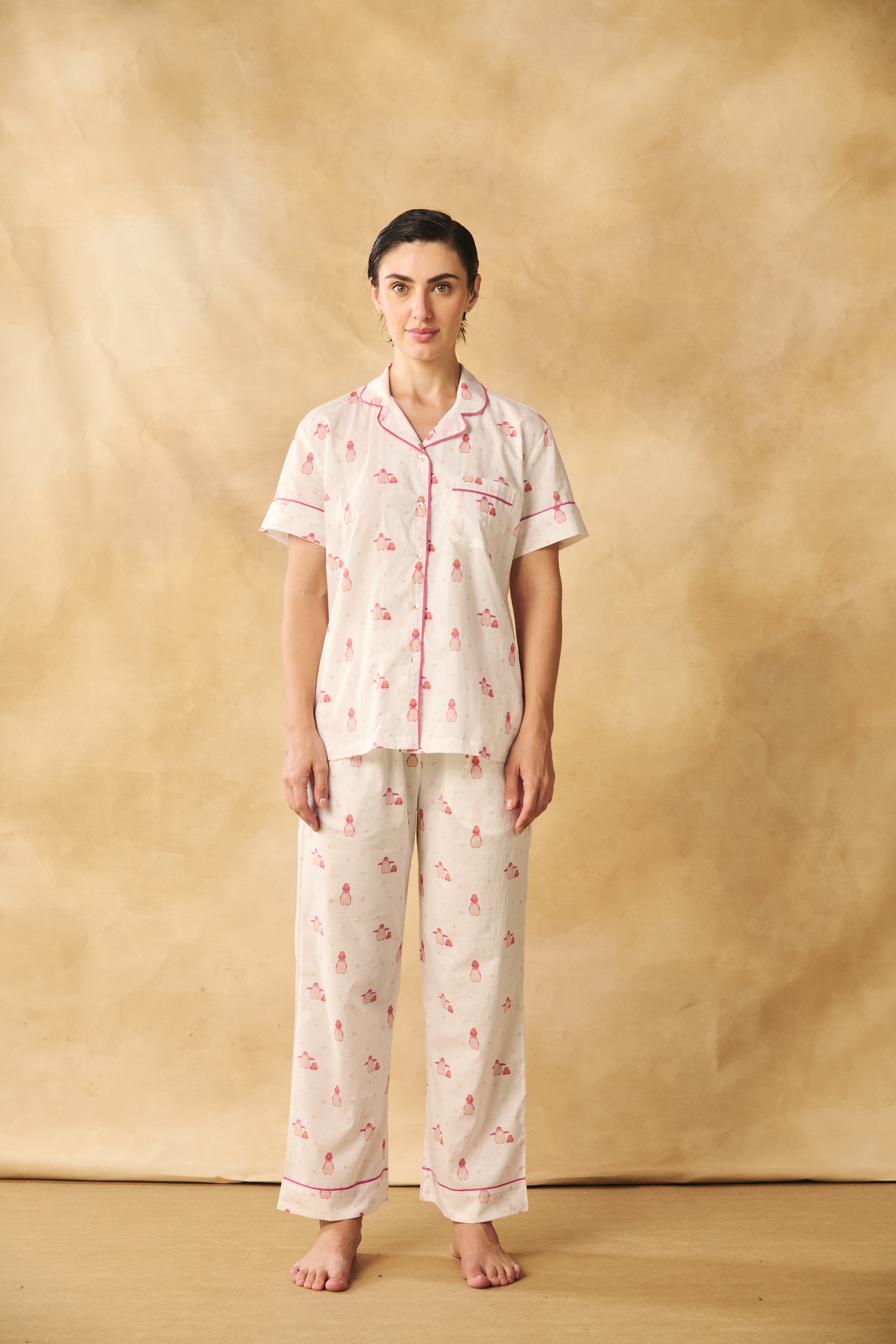 Penguin Print Cotton Night Suit Set-Pink