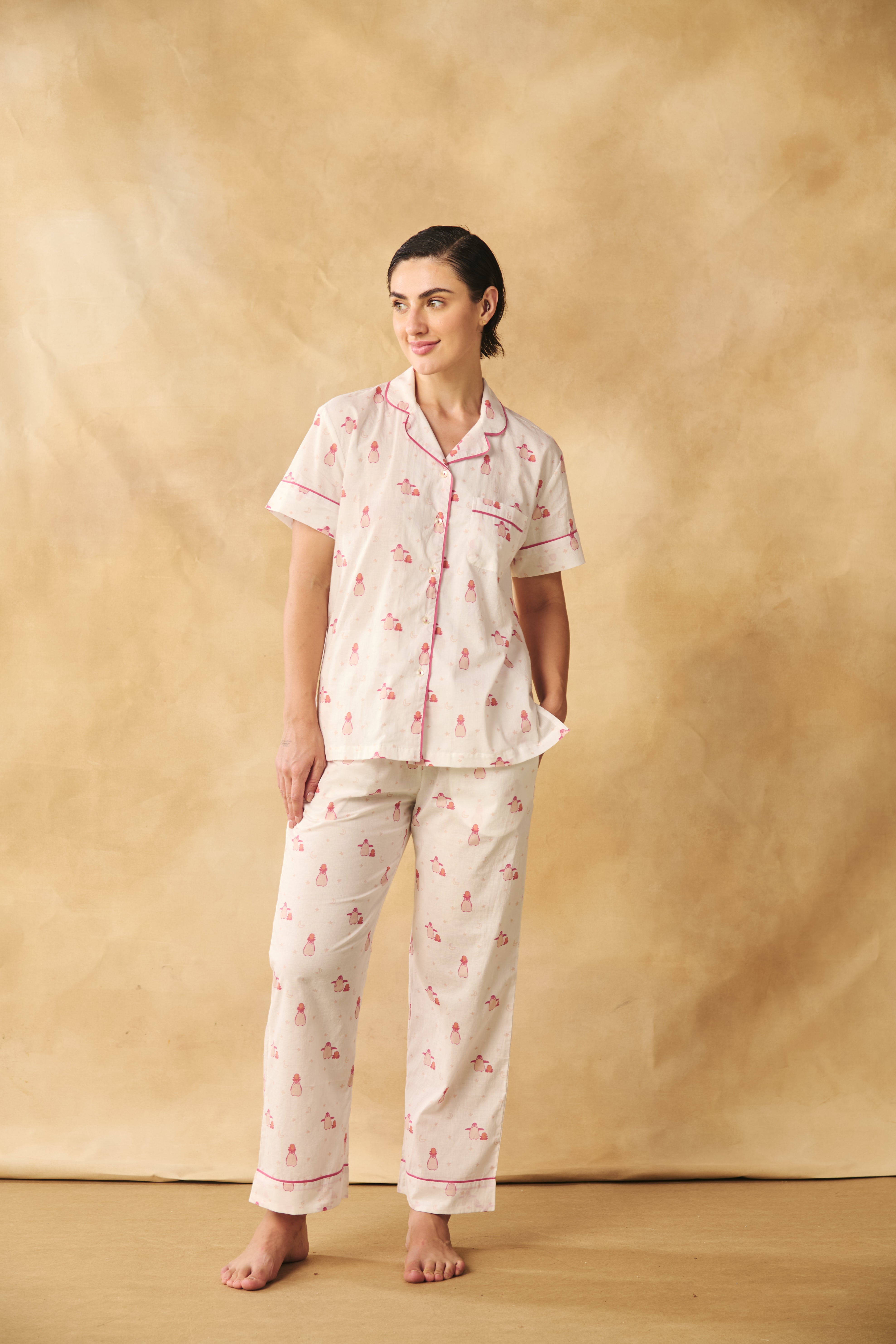 Penguin Print Cotton Night Suit Set-Pink