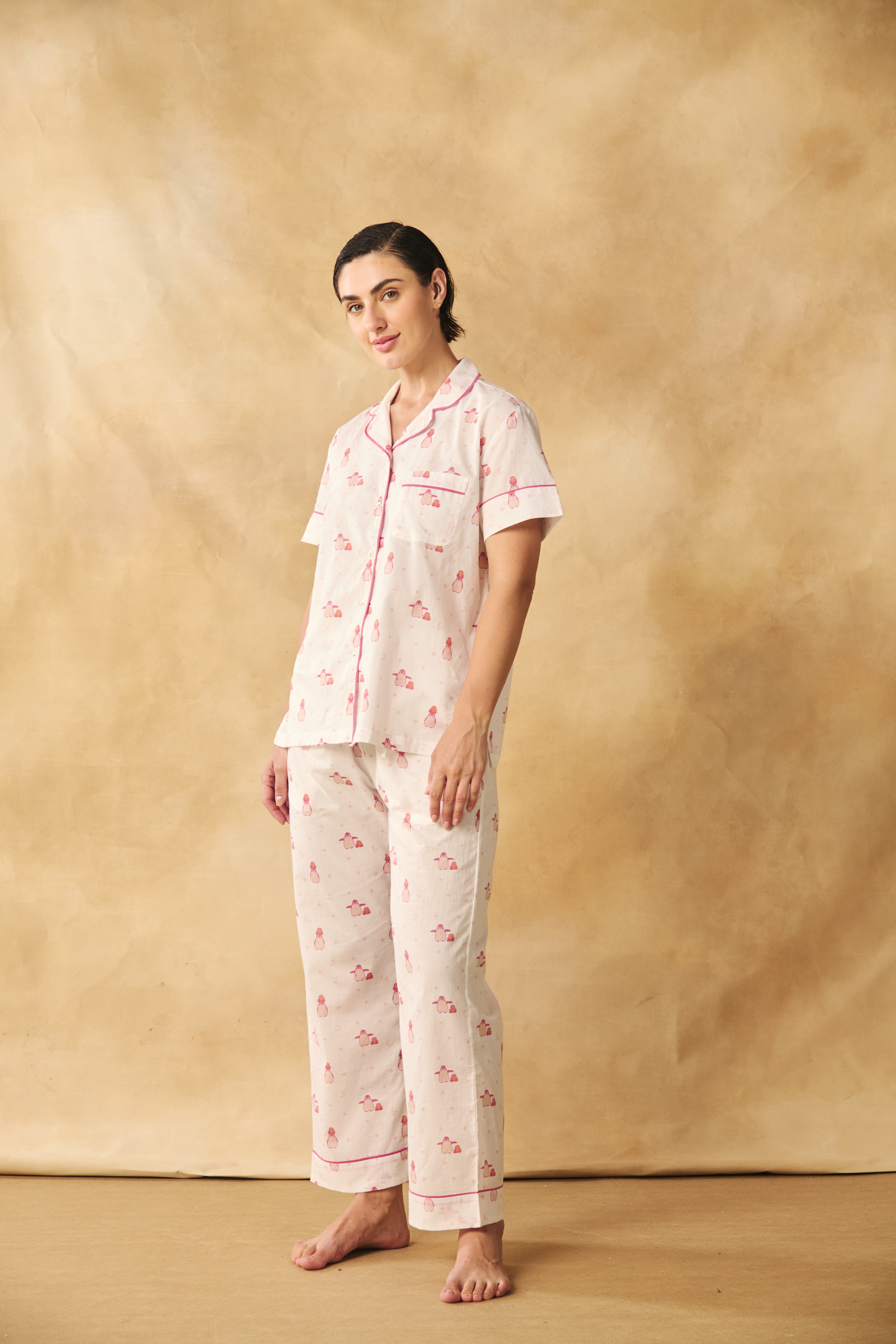 Penguin Print Cotton Night Suit Set-Pink