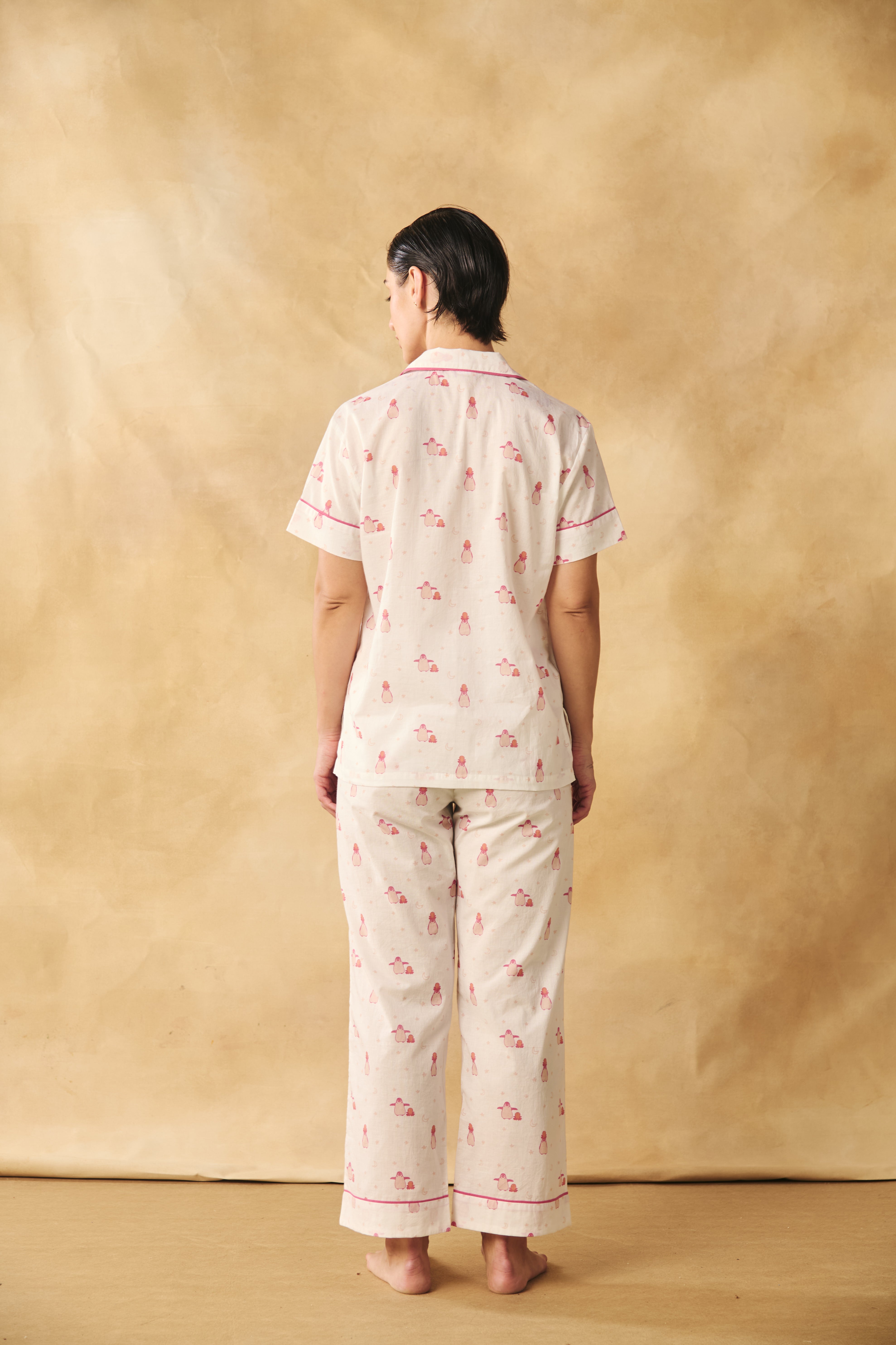 Penguin Print Cotton Night Suit Set-Pink