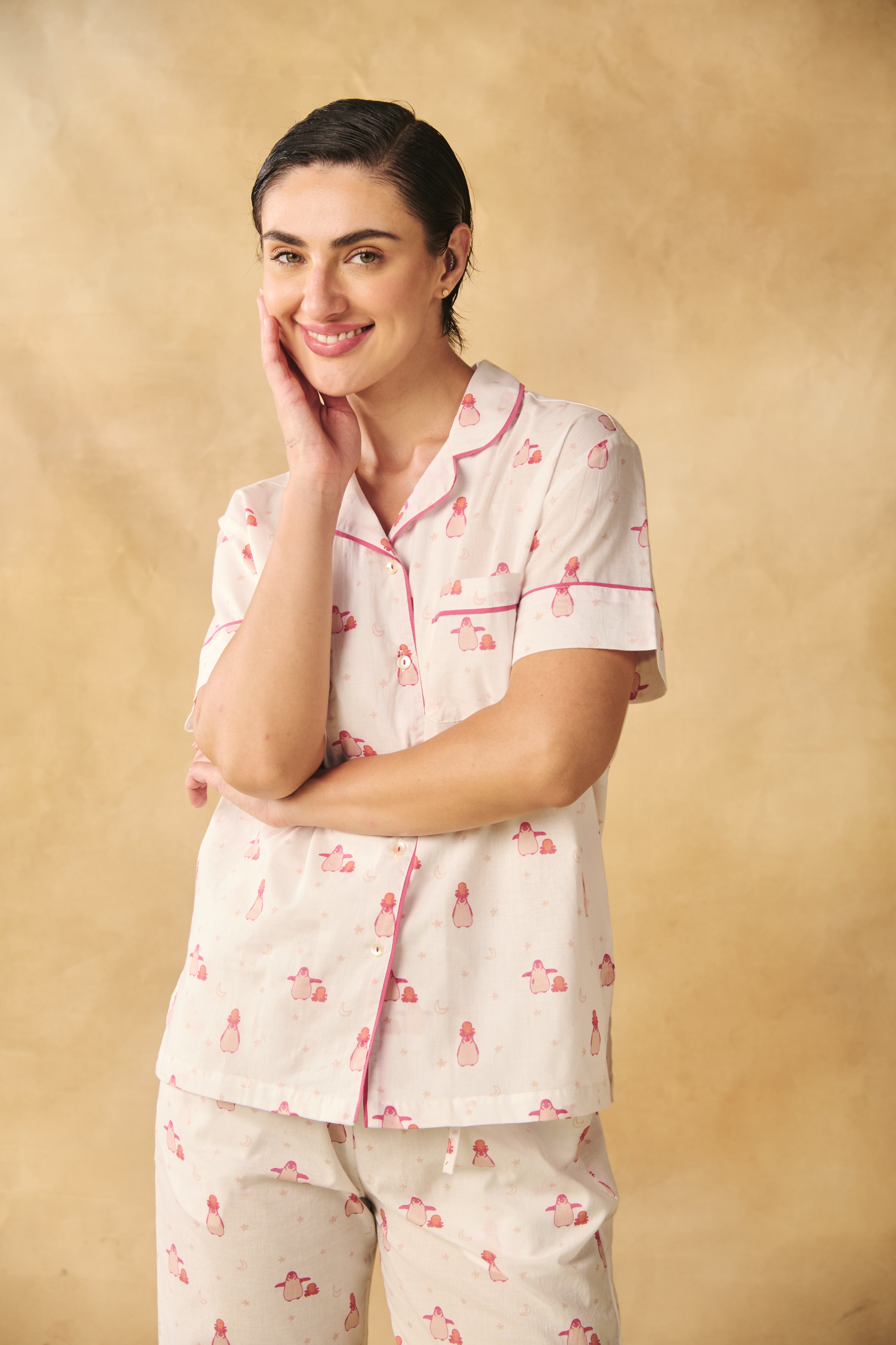 Penguin Print Cotton Night Suit Set-Pink