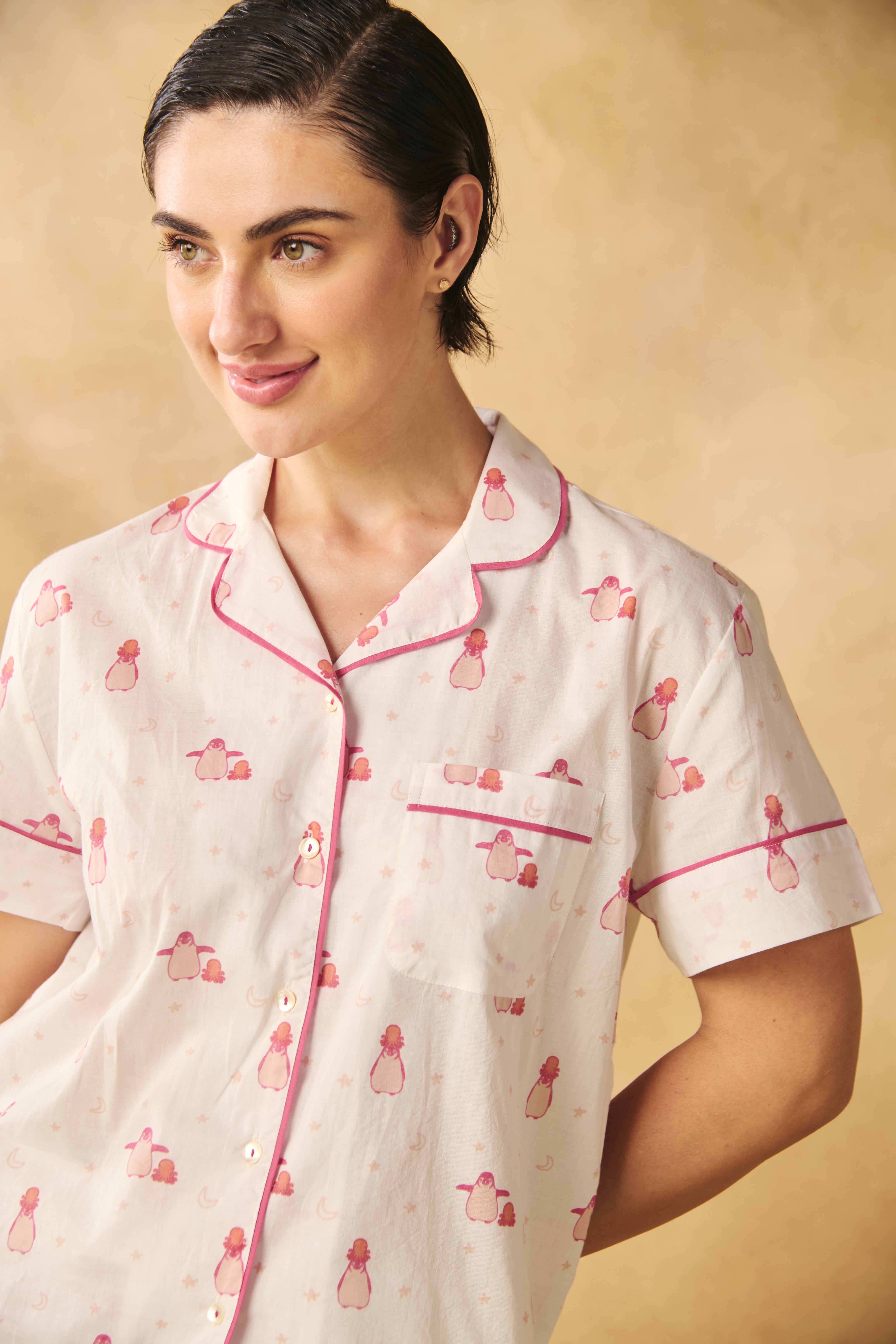 Penguin Print Cotton Night Suit Set-Pink
