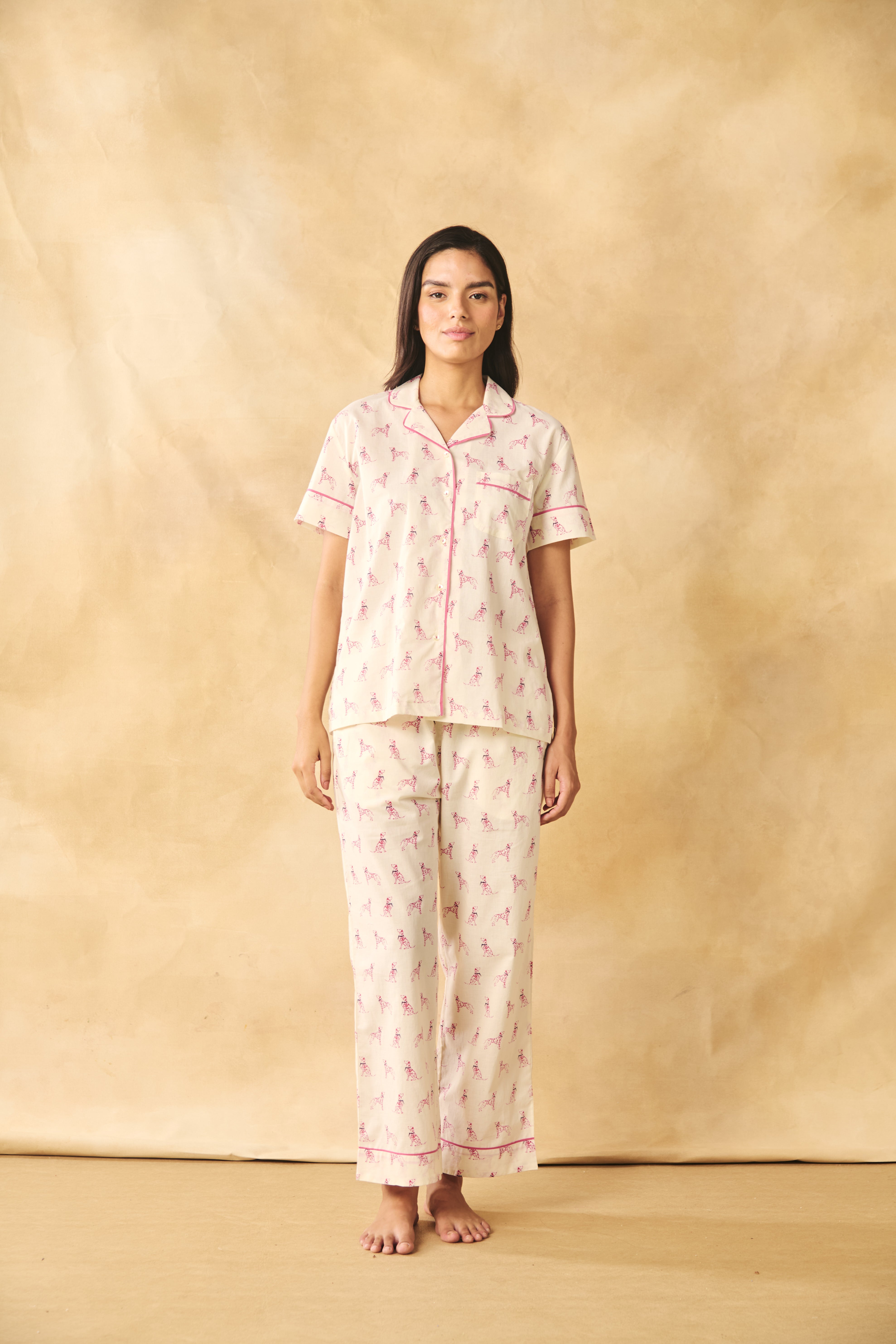 Dog Print Cotton Night Suit Set – Pink