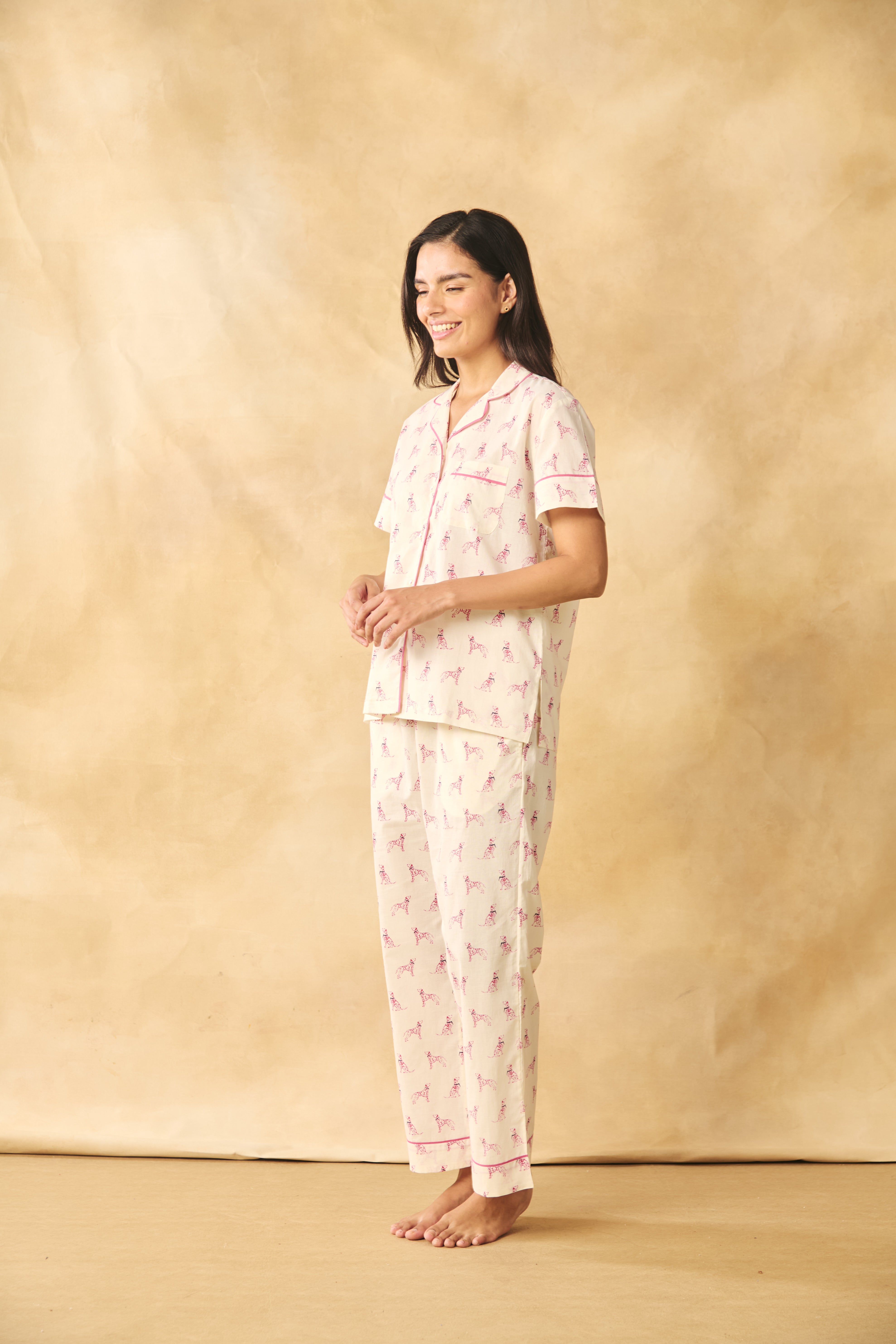 Dog Print Cotton Night Suit Set – Pink