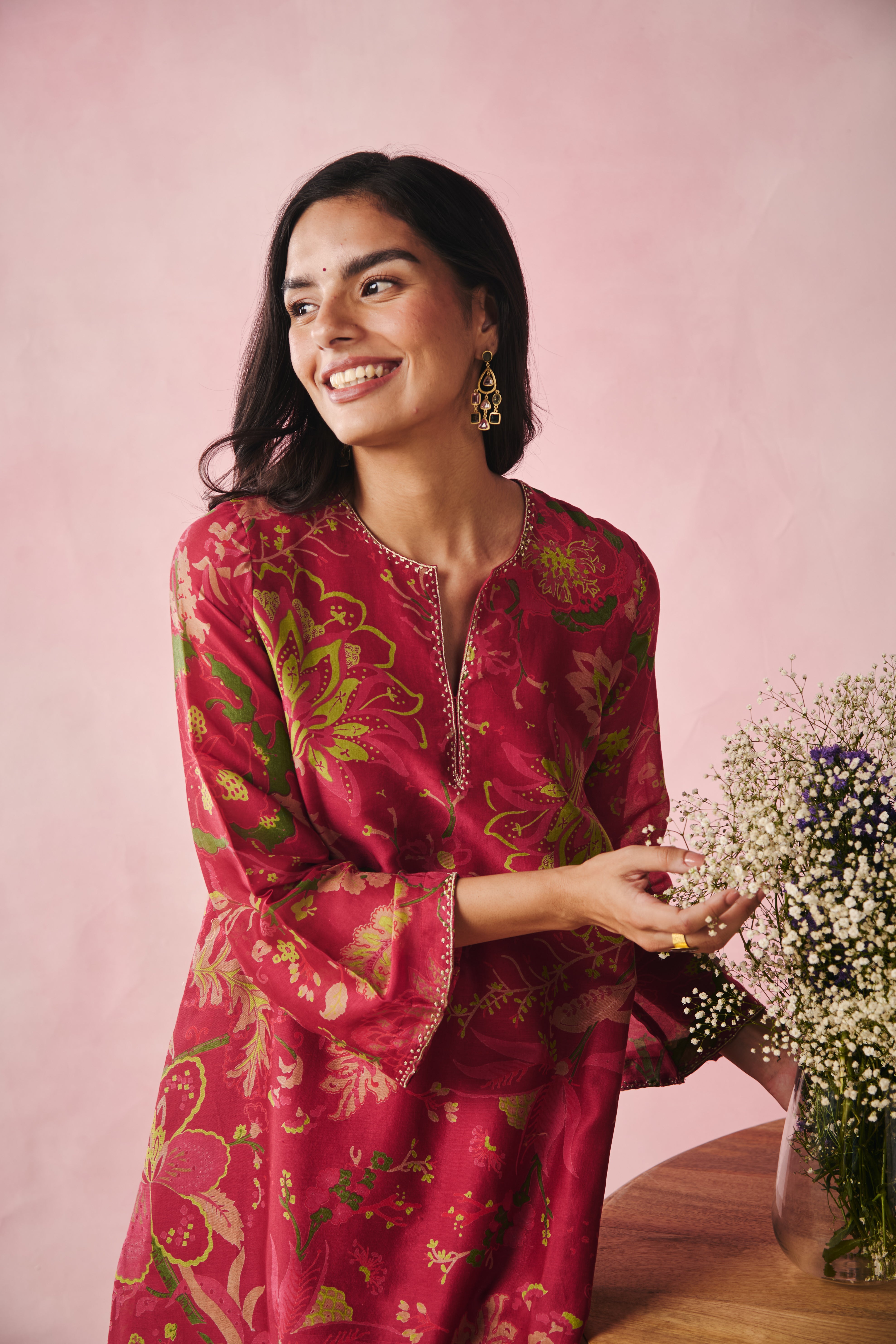 Bell Sleeve Short Kurta-Red