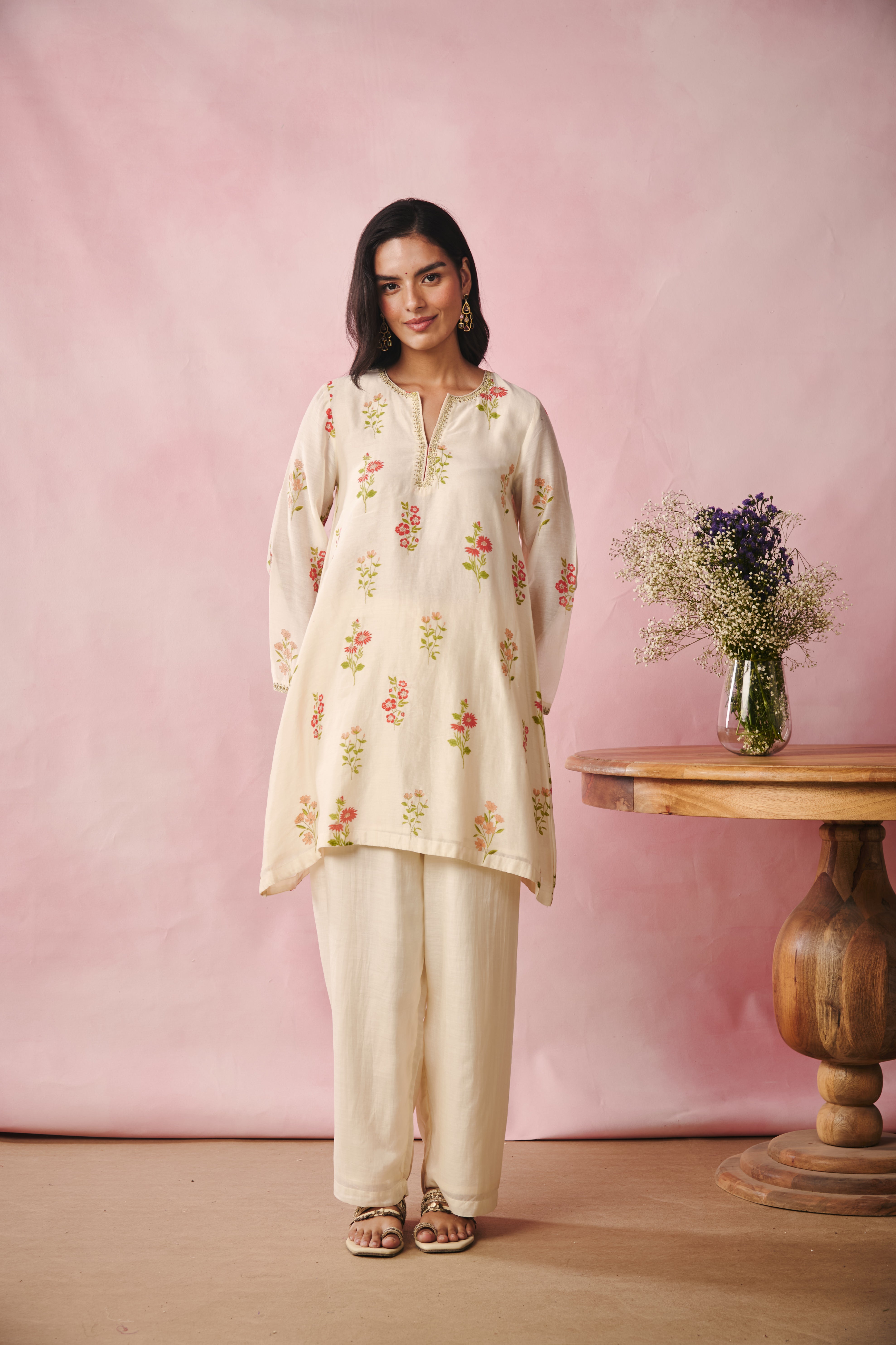 Bell Sleeve Short Kurta - Creme