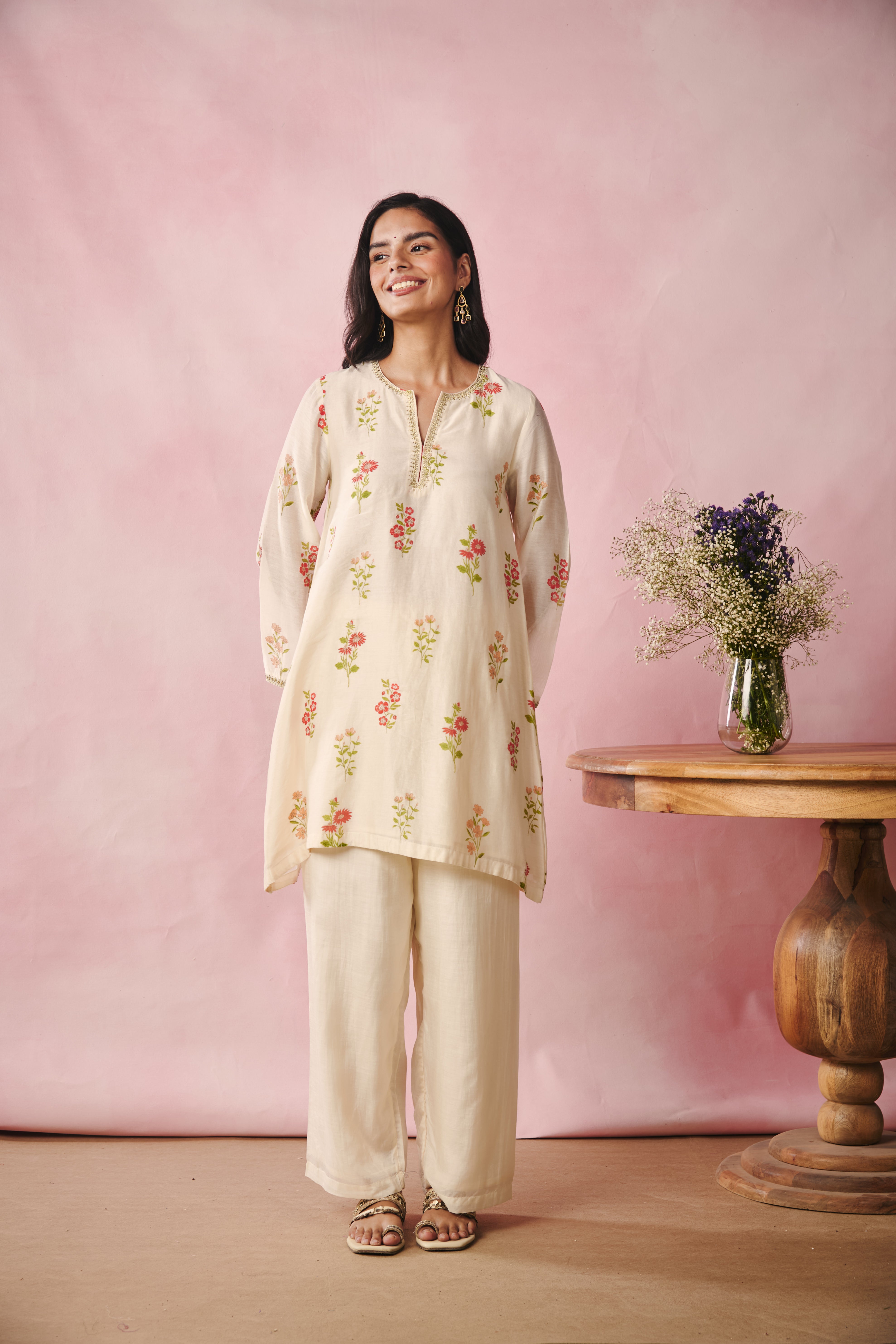 Bell Sleeve Short Kurta - Creme