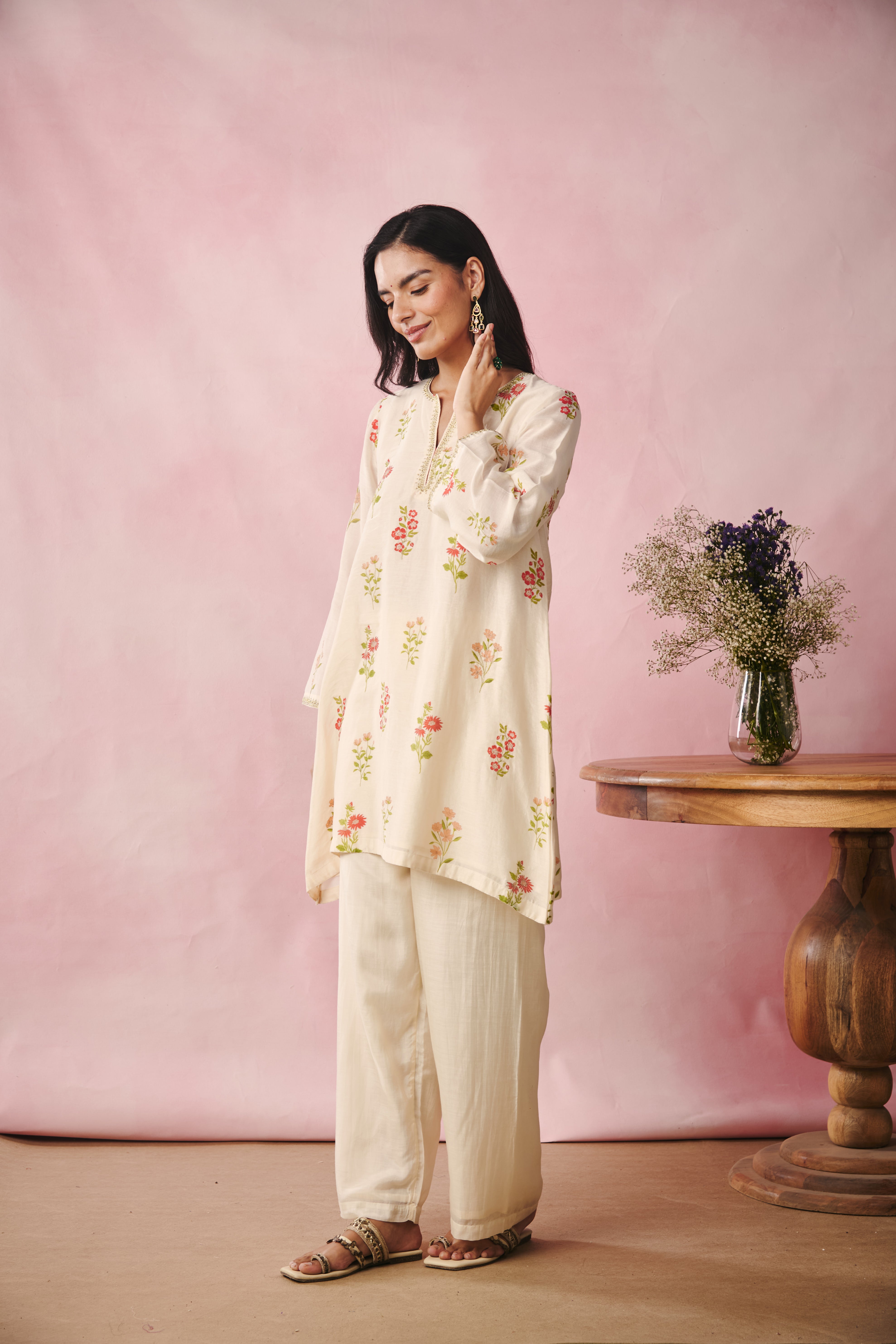 Bell Sleeve Short Kurta - Creme