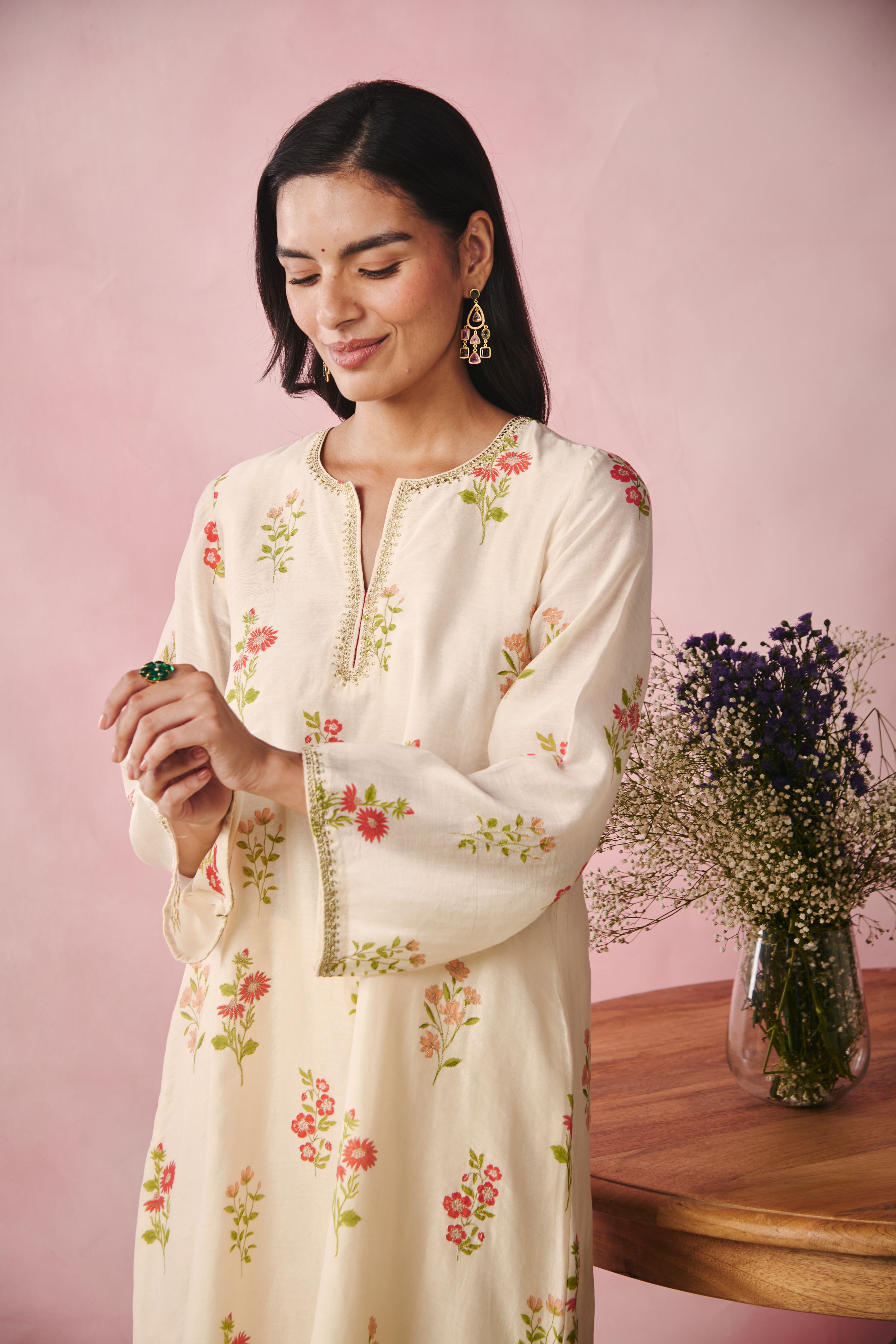 Bell Sleeve Short Kurta - Creme