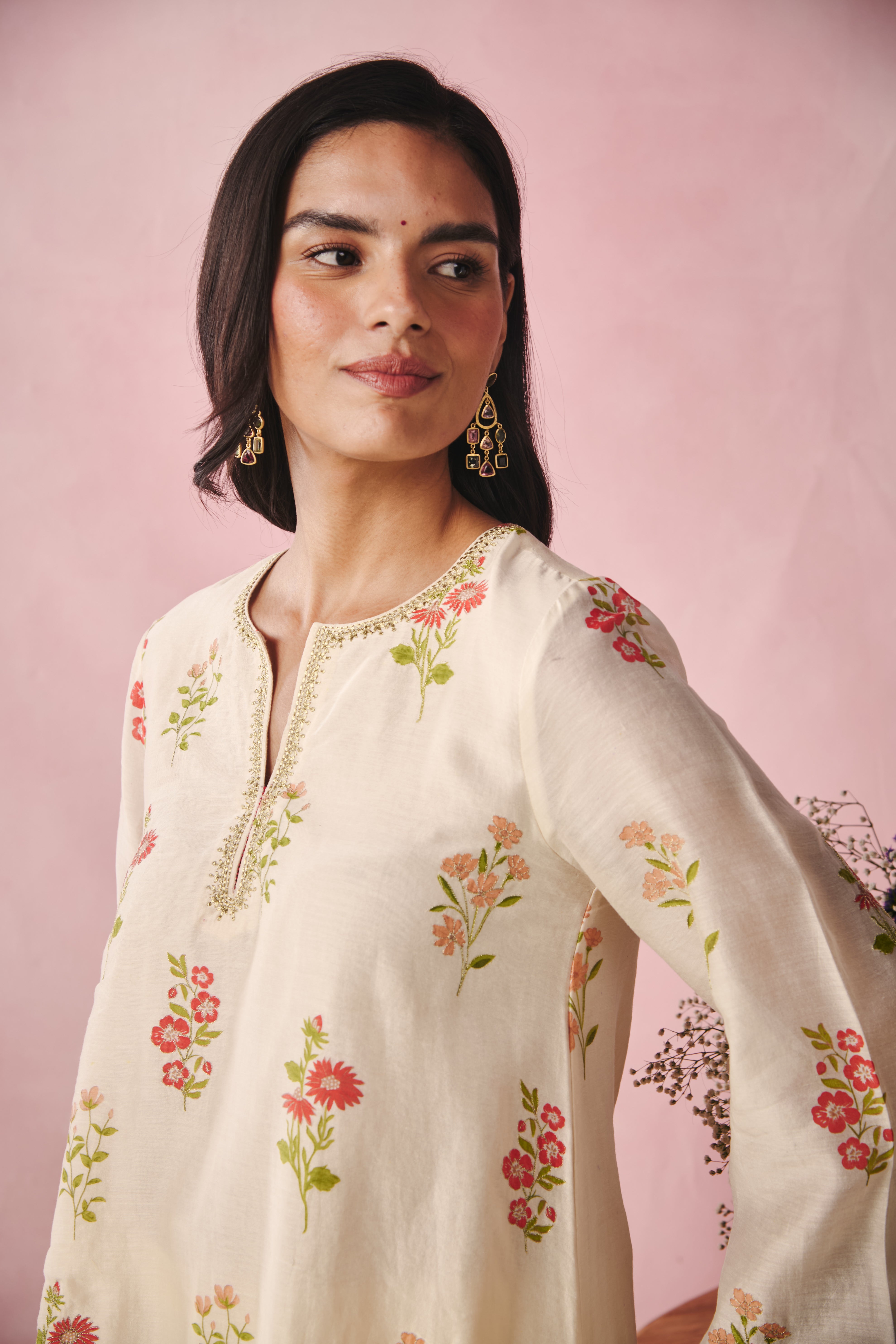 Bell Sleeve Short Kurta - Creme