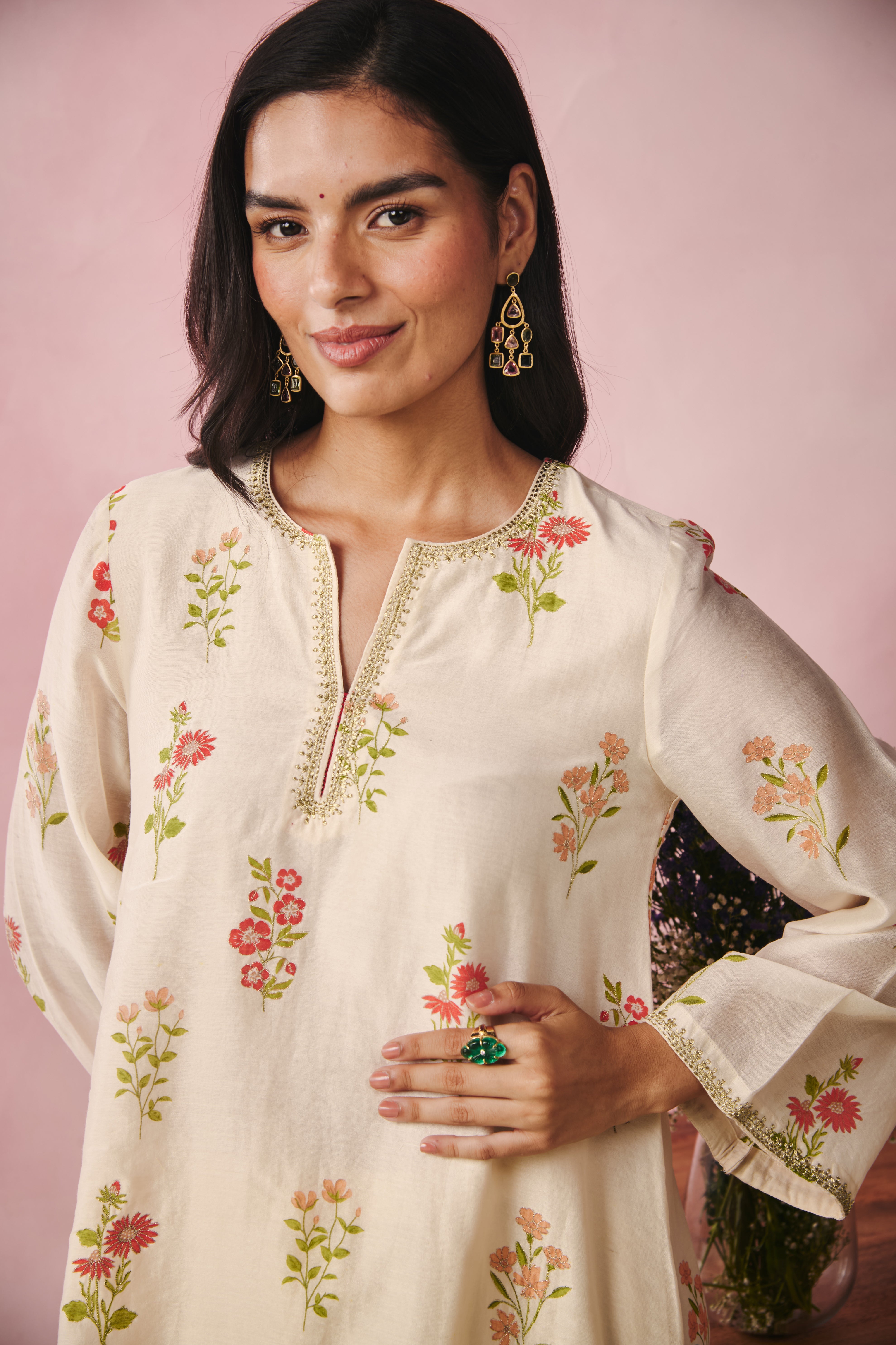 Bell Sleeve Short Kurta - Creme