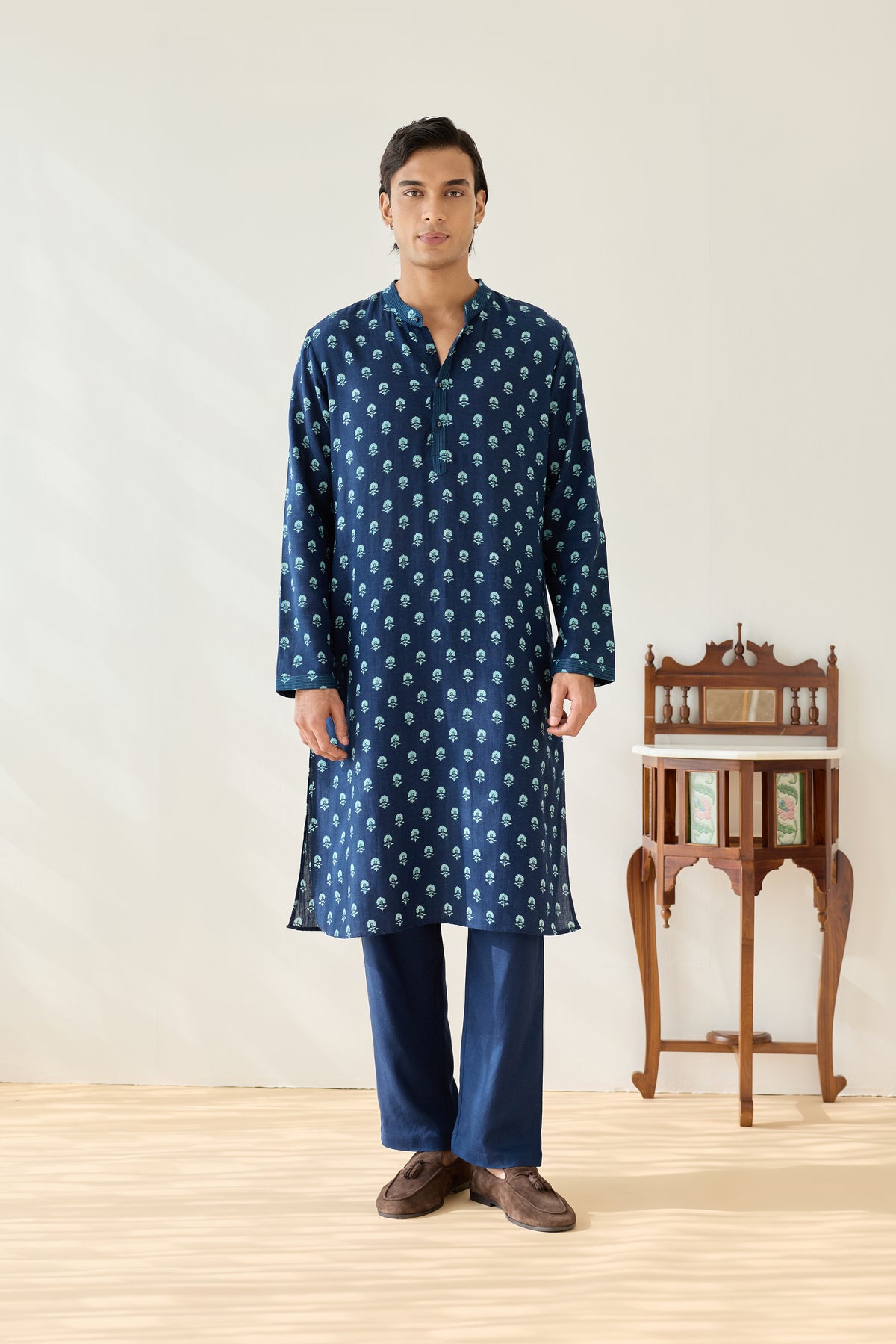 Navy Blue Viscose Aster Buti Kurta
