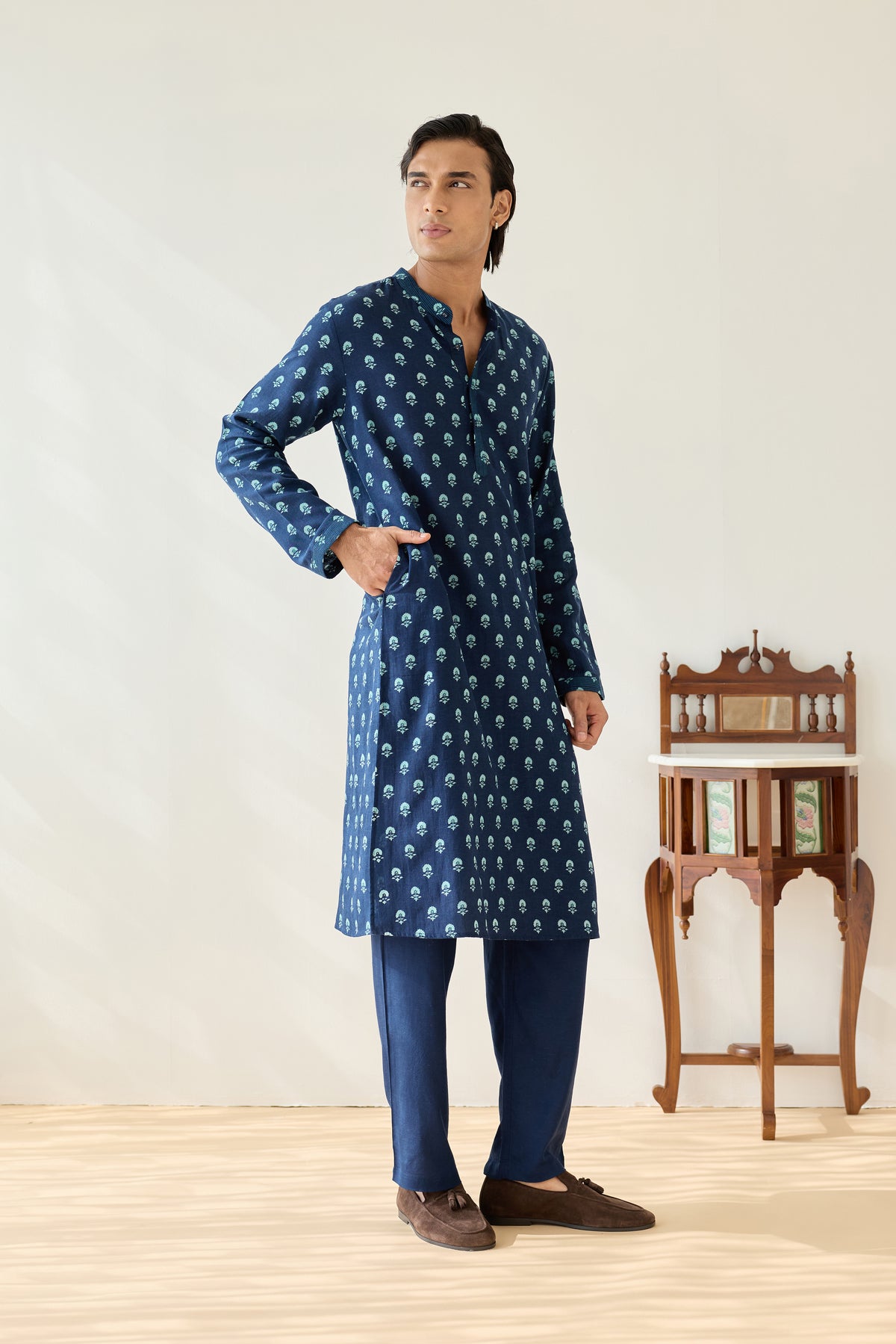 Navy Blue Viscose Aster Buti Kurta