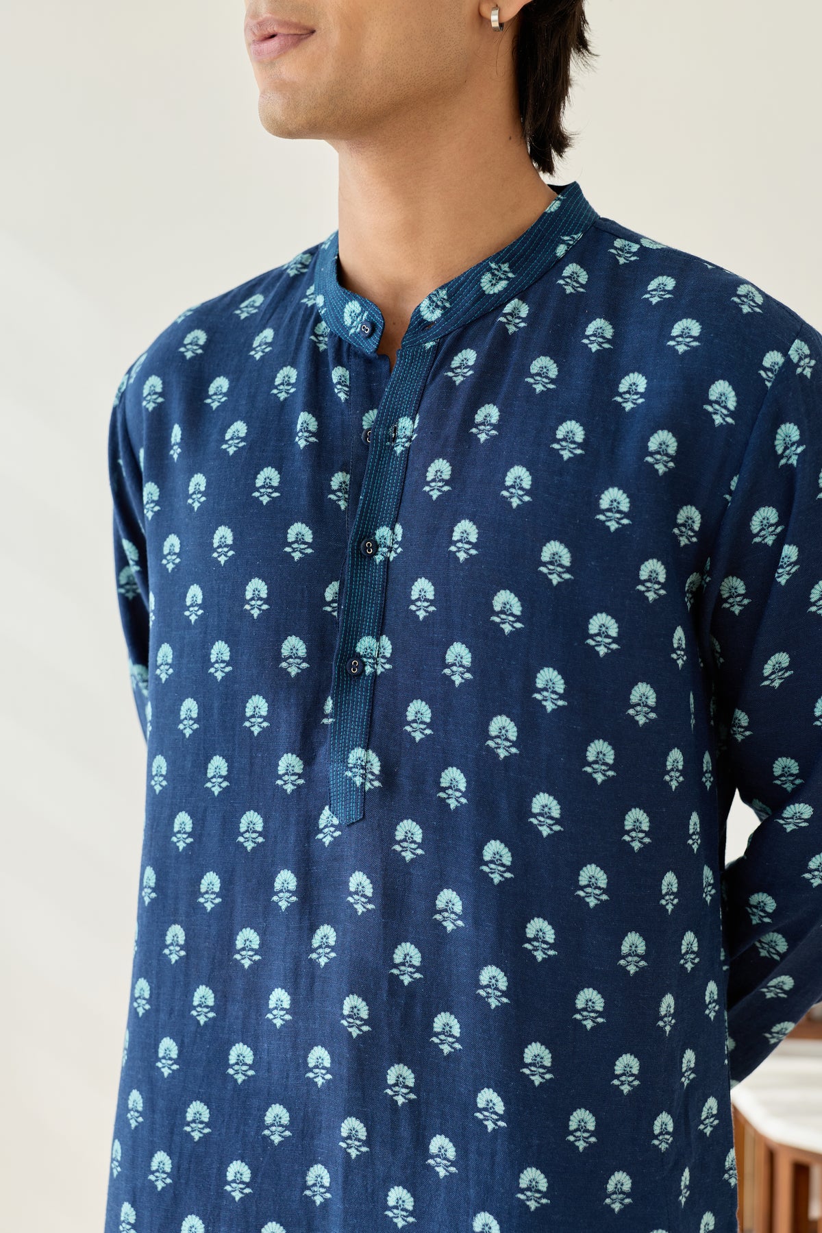 Navy Blue Viscose Aster Buti Kurta
