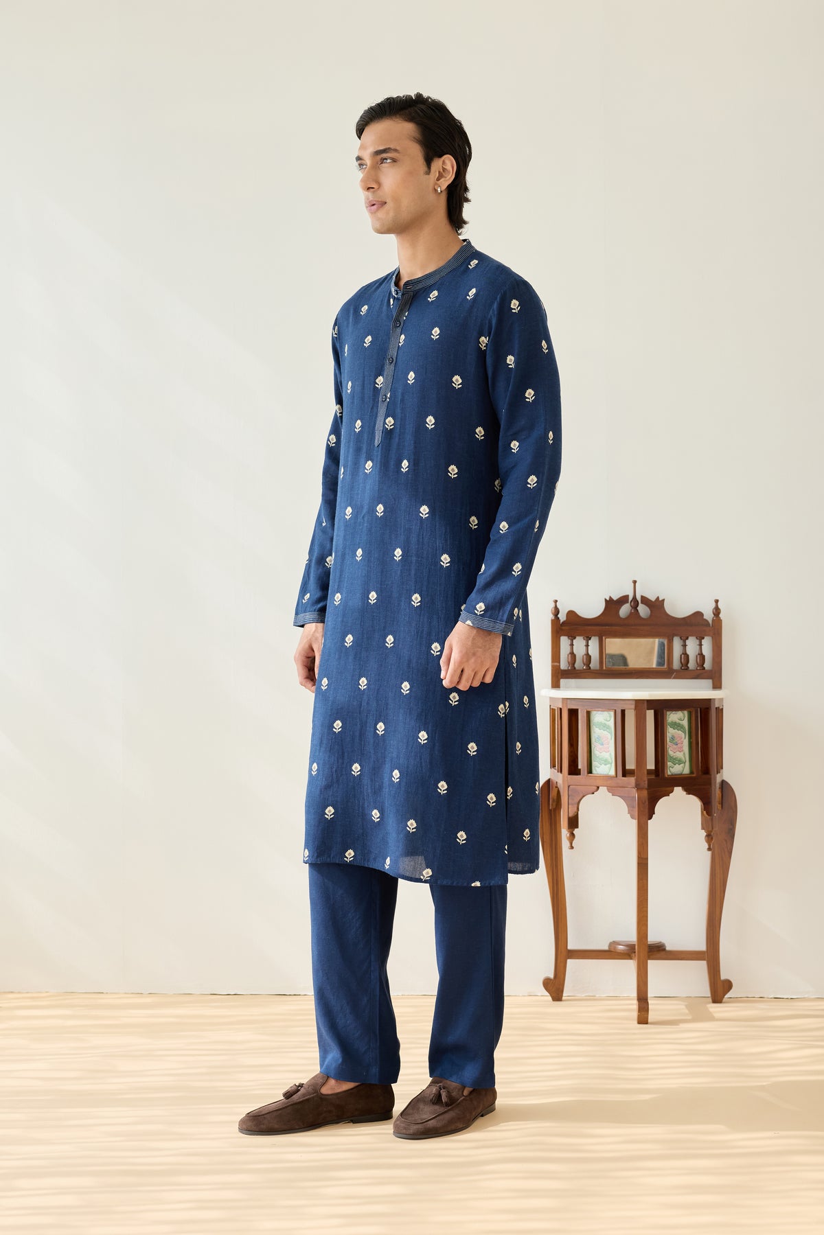Navy Blue Viscose Tulip Buti Kurta