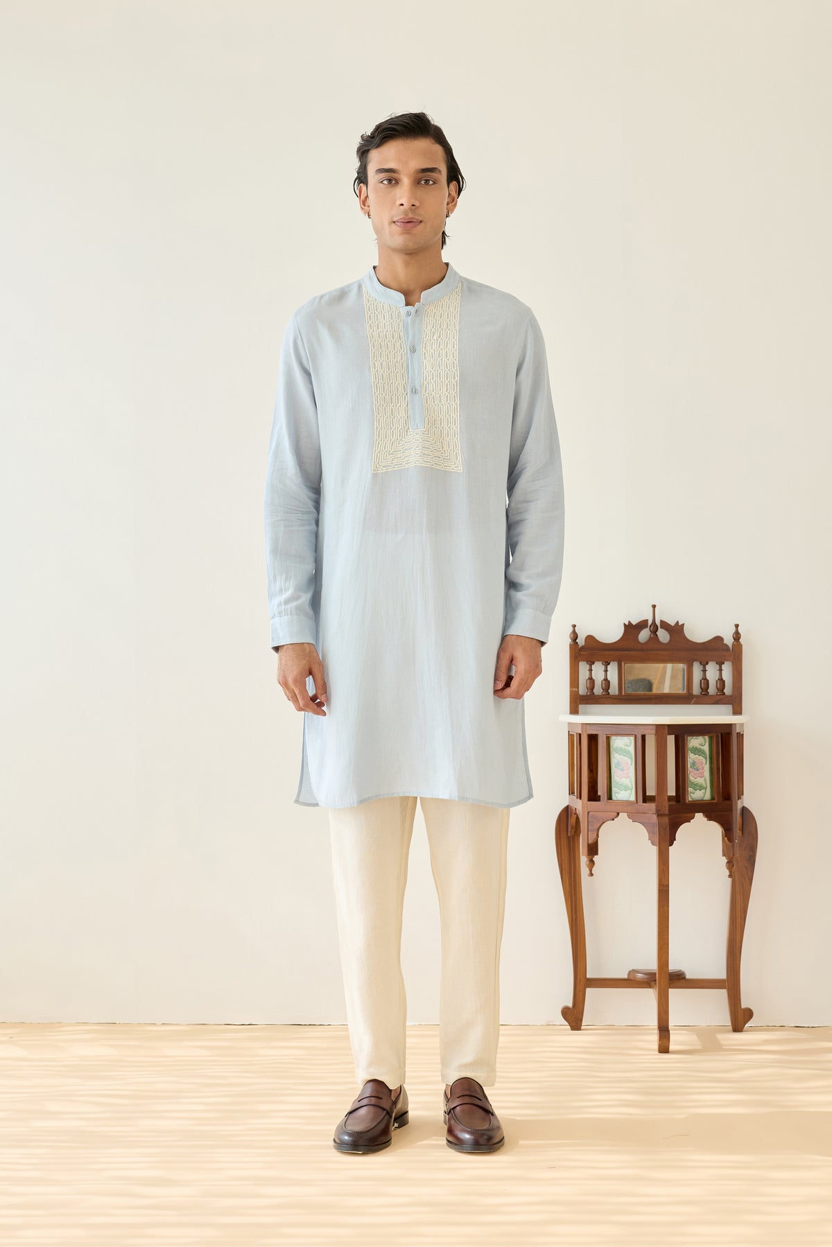 Sky Blue Viscose Embroidered Kurta