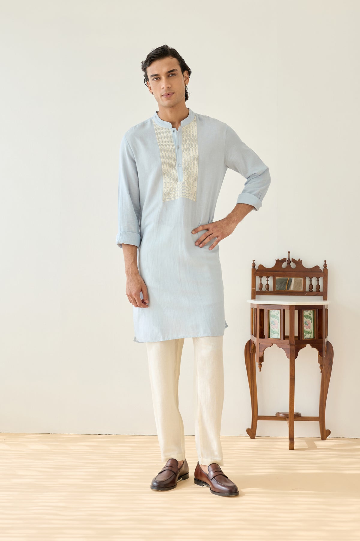 Sky Blue Viscose Embroidered Kurta