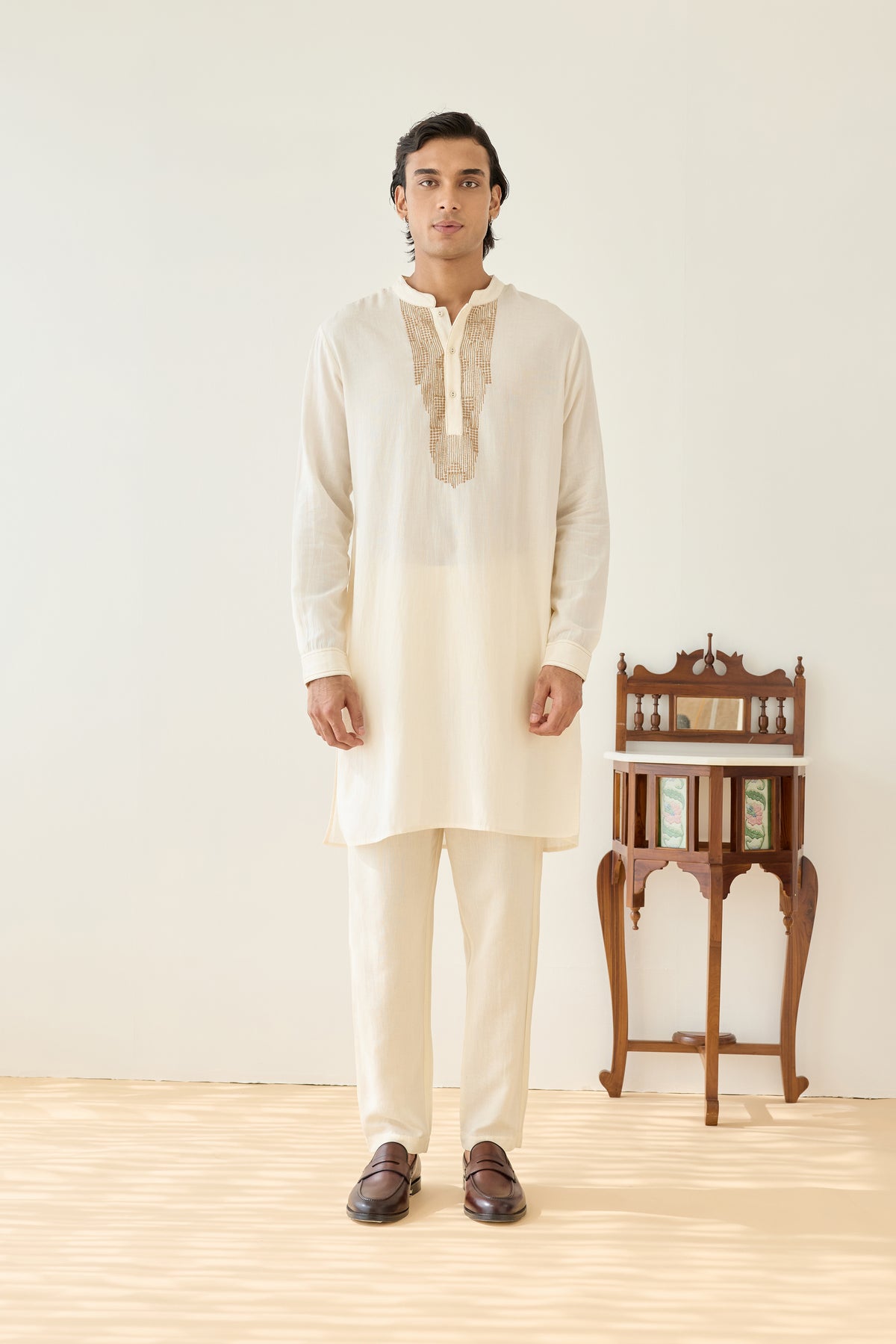 Cream Viscose Embroidered Kurta