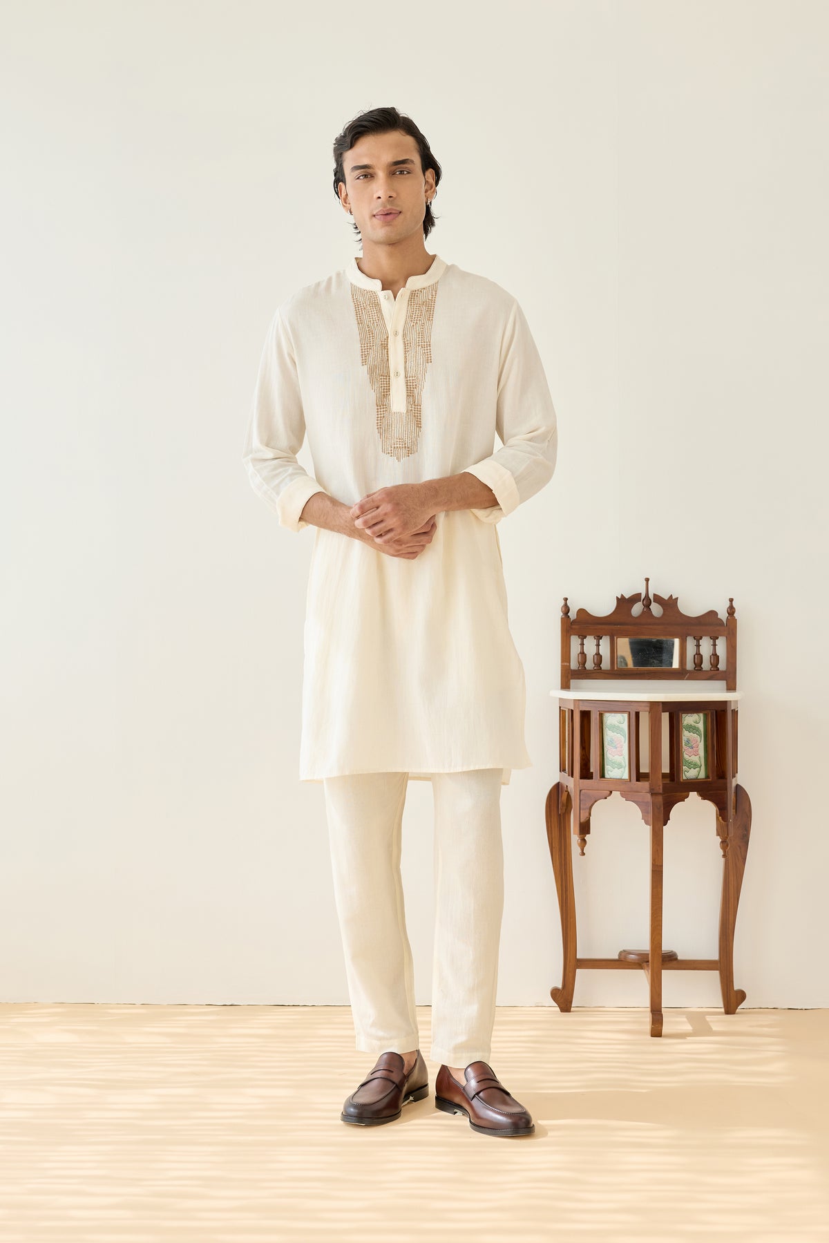 Cream Viscose Embroidered Kurta