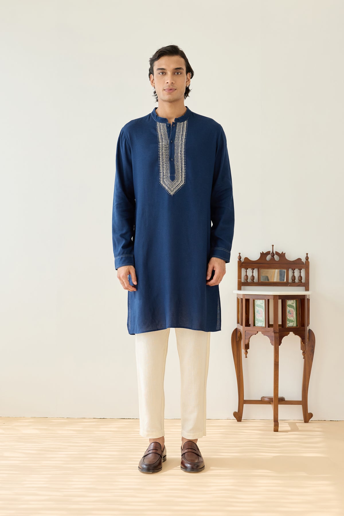 Navy Blue Viscose Embroidered Kurta