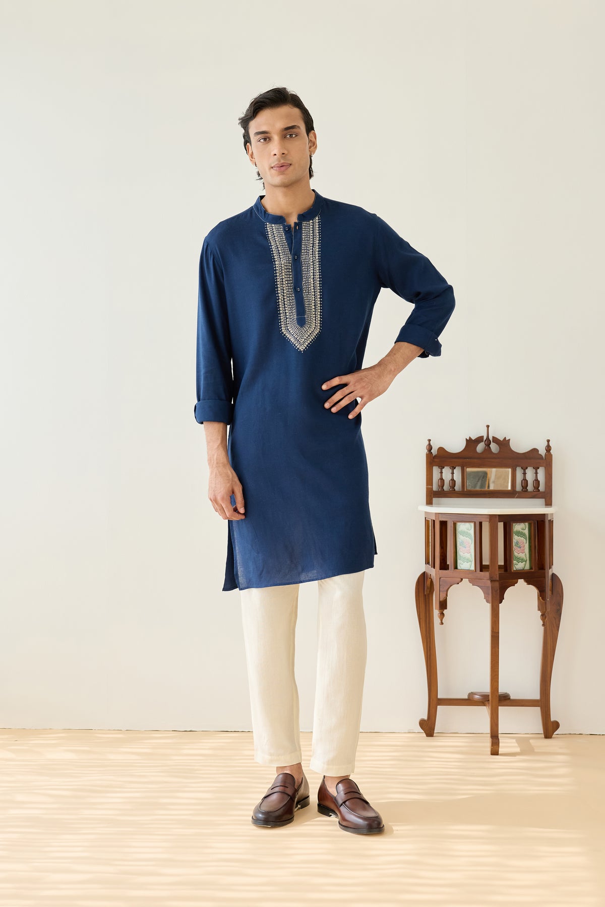 Navy Blue Viscose Embroidered Kurta