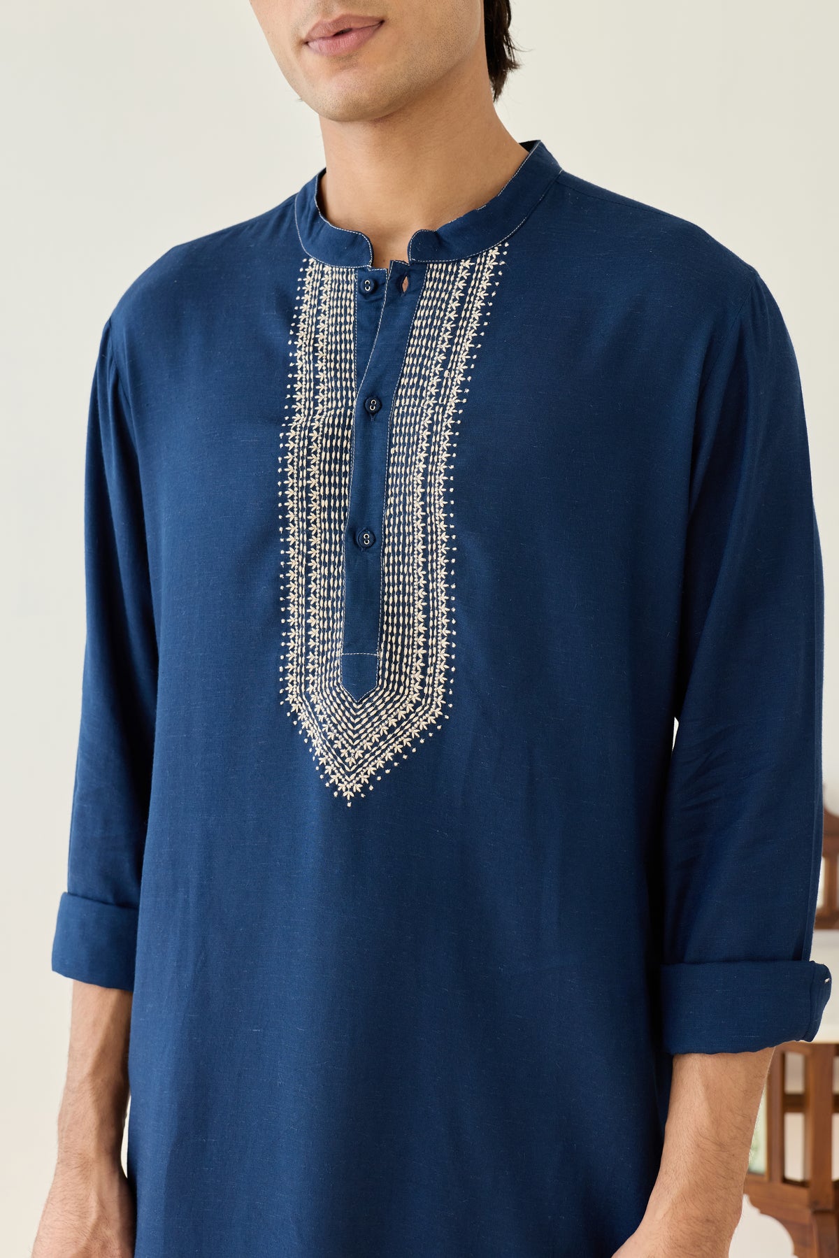 Navy Blue Viscose Embroidered Kurta