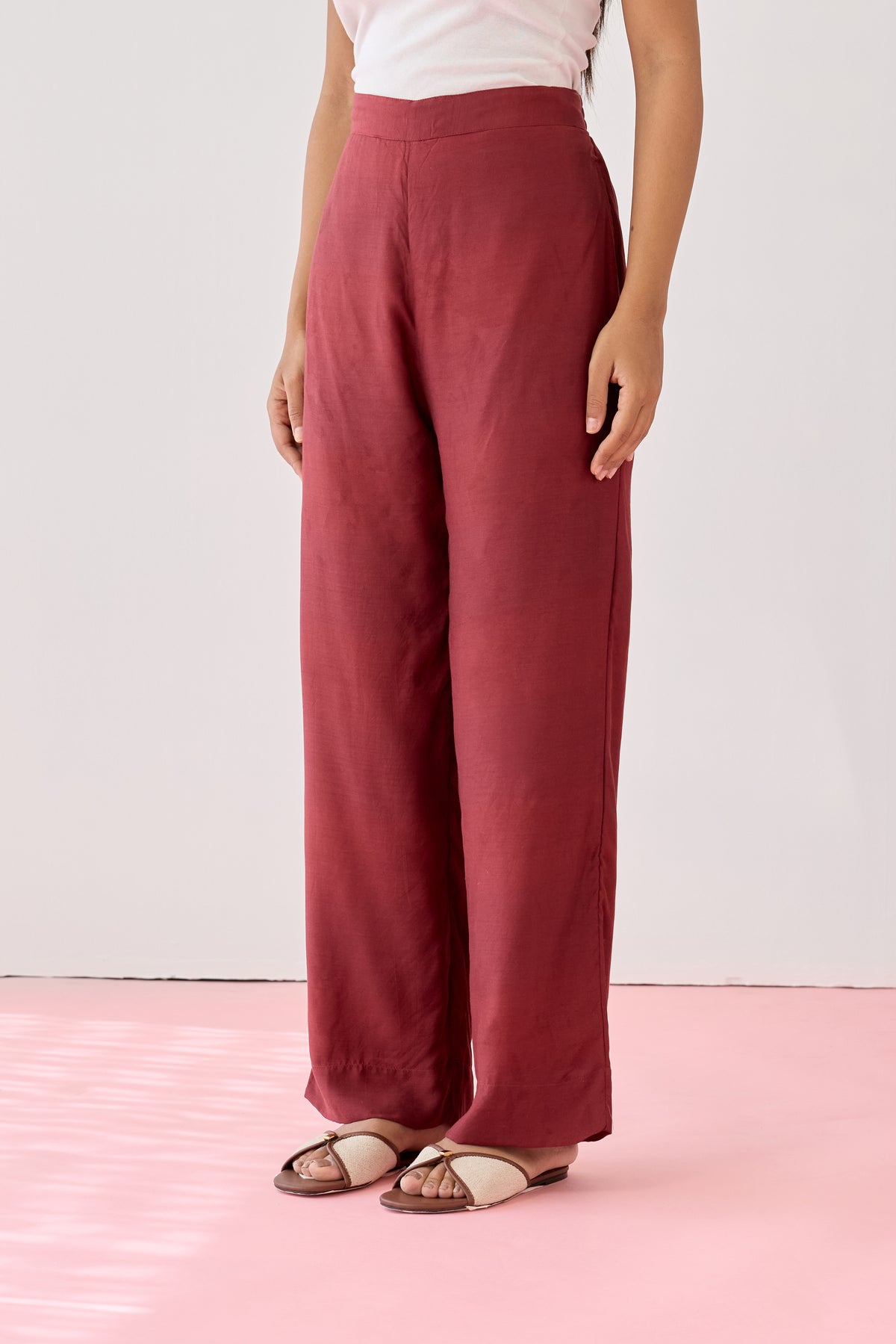 Relaxed Fit Viscose Pant-Maroon
