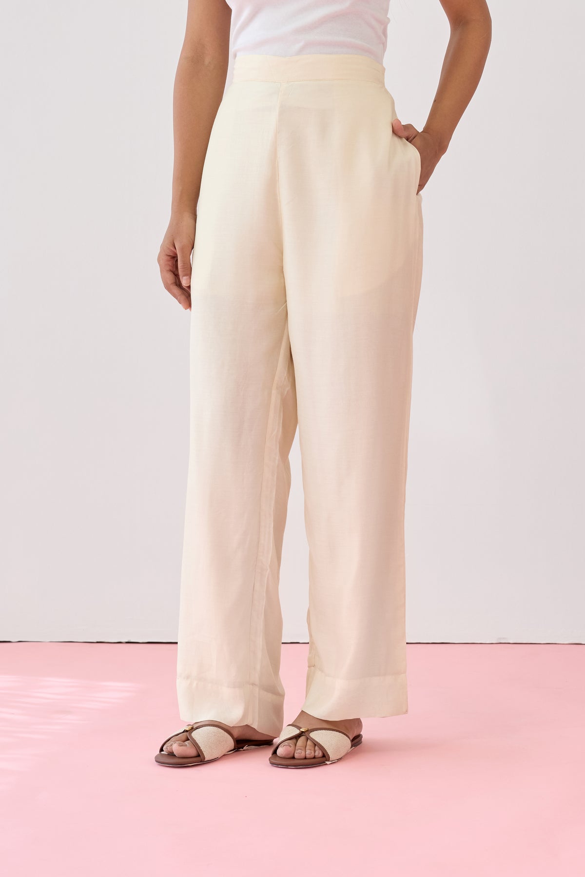 Relaxed Fit Viscose Pant-Cream