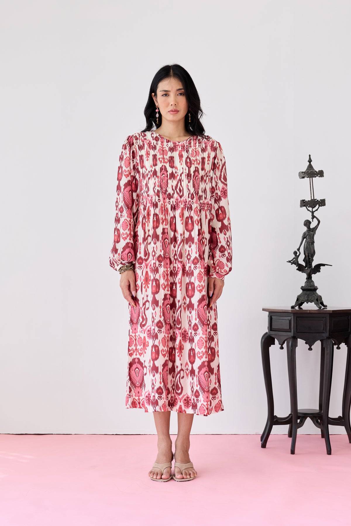 Pleat Fall Maxi Dress – Maroon