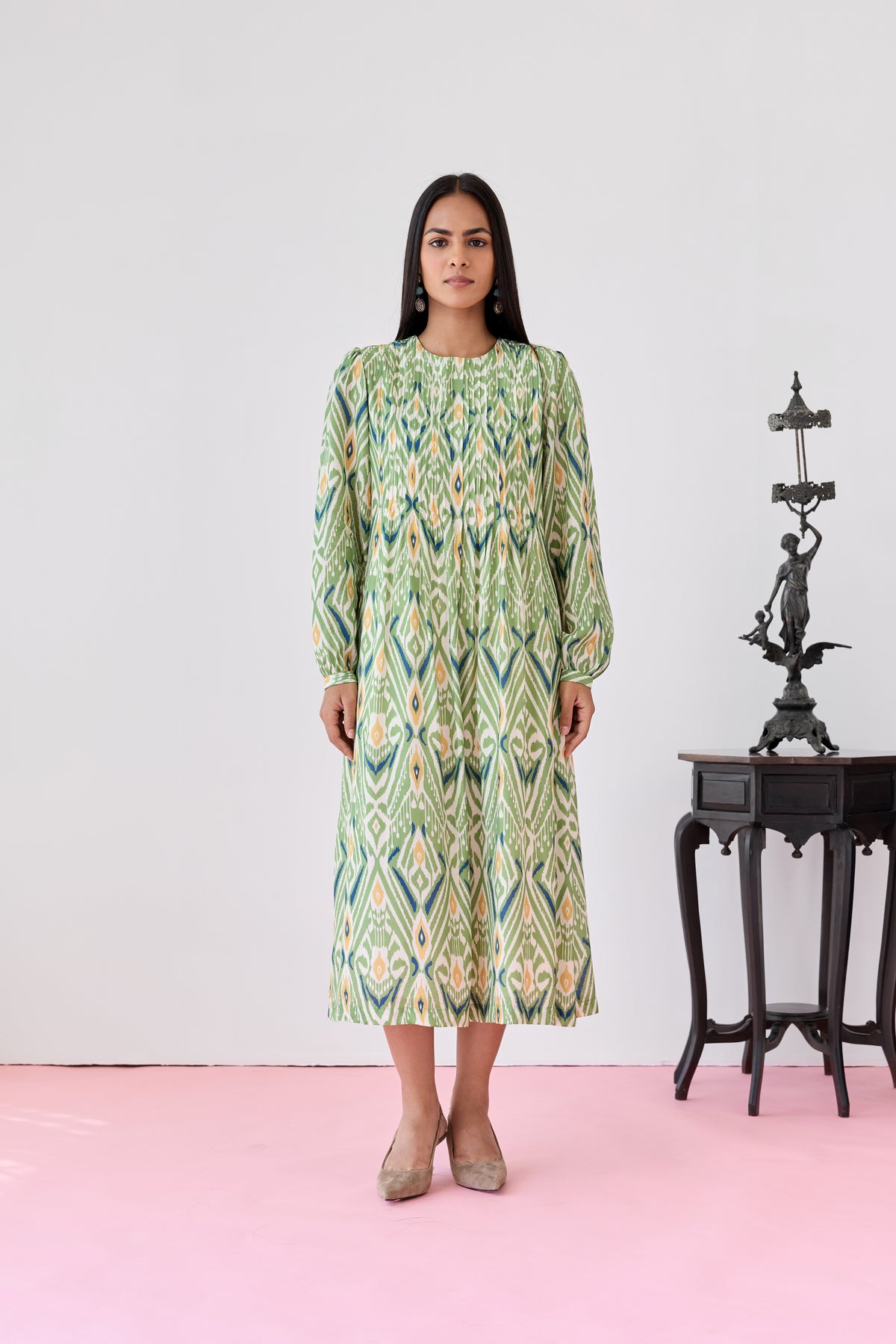 Pleat Fall Maxi Dress – Green