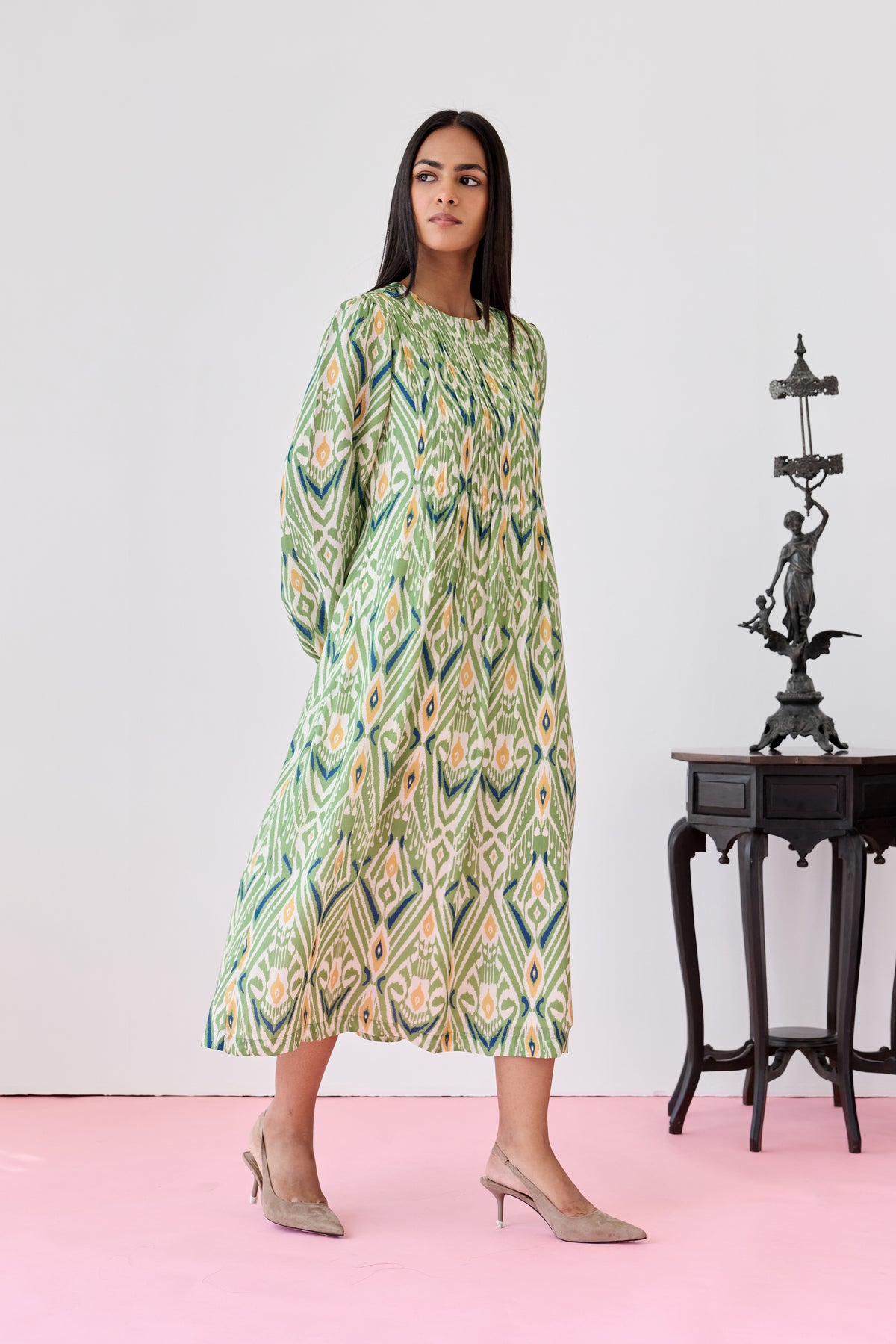 Pleat Fall Maxi Dress – Green