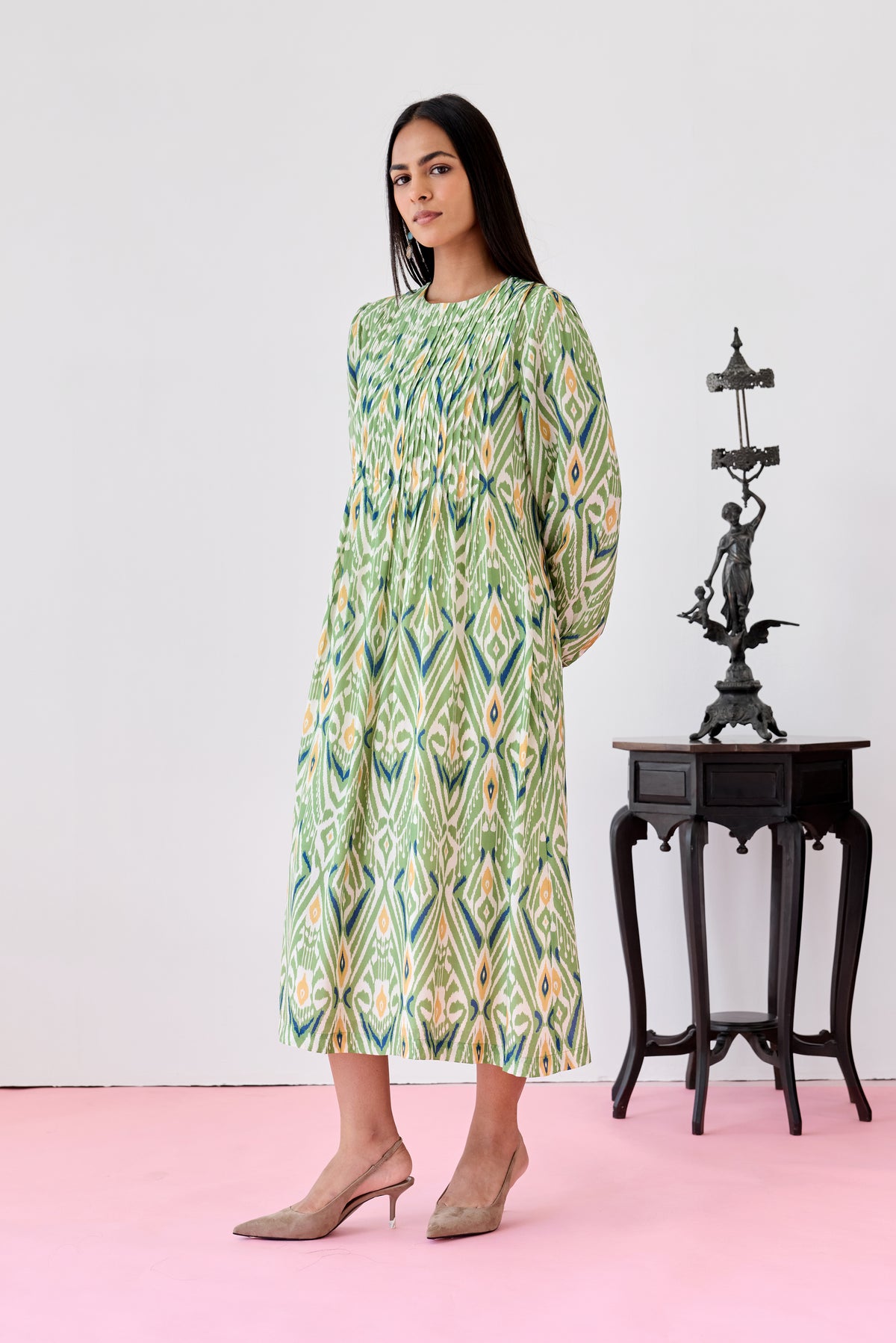 Pleat Fall Maxi Dress – Green