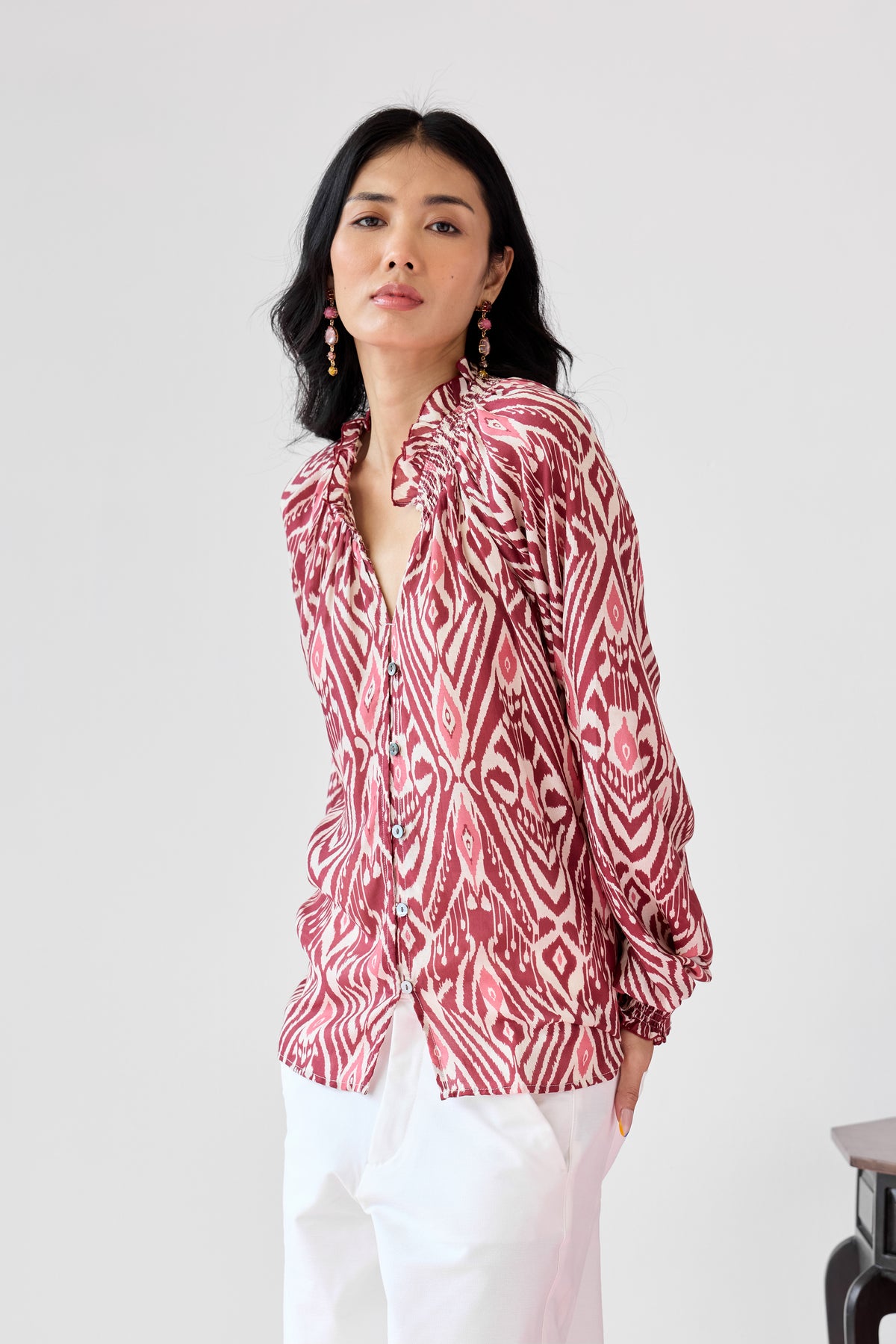 Loose Smocked Top - Maroon
