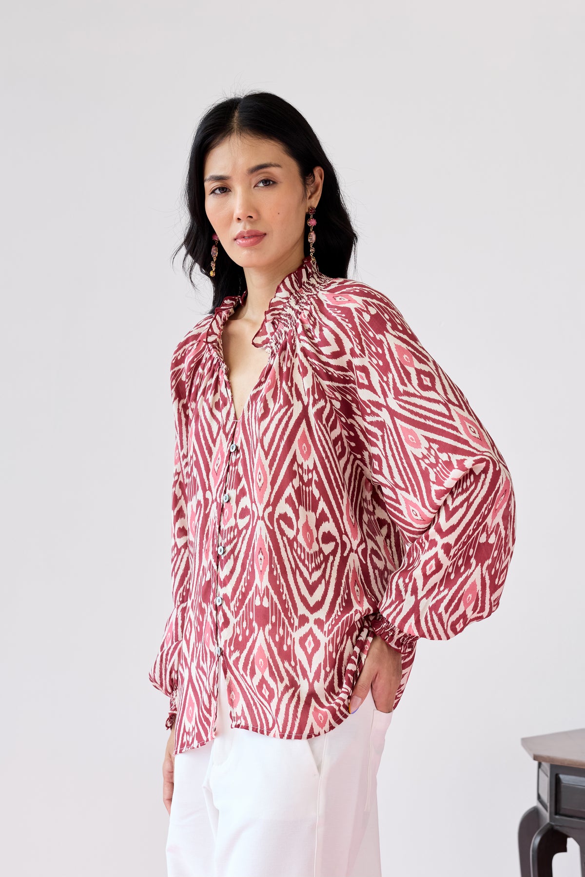 Loose Smocked Top - Maroon