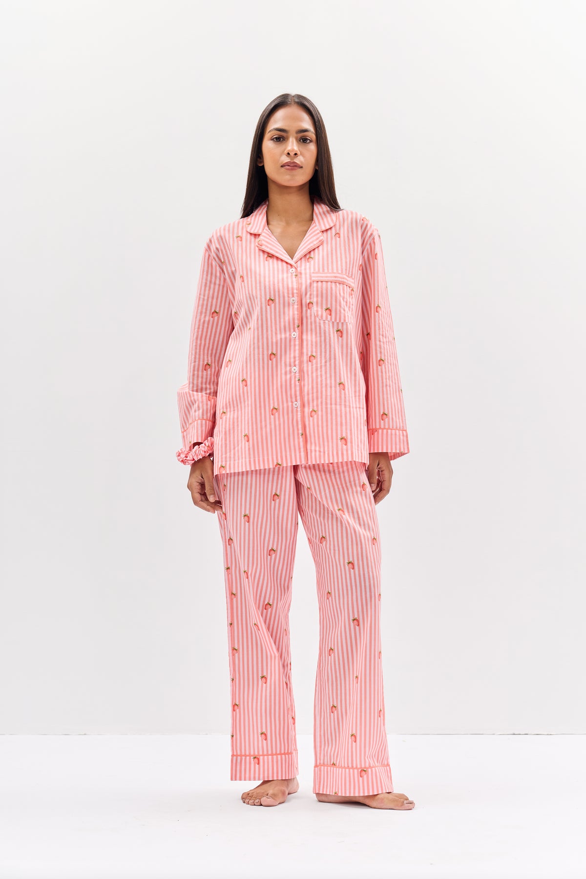 Strawberry Print Cotton Night Suit Set-Pink