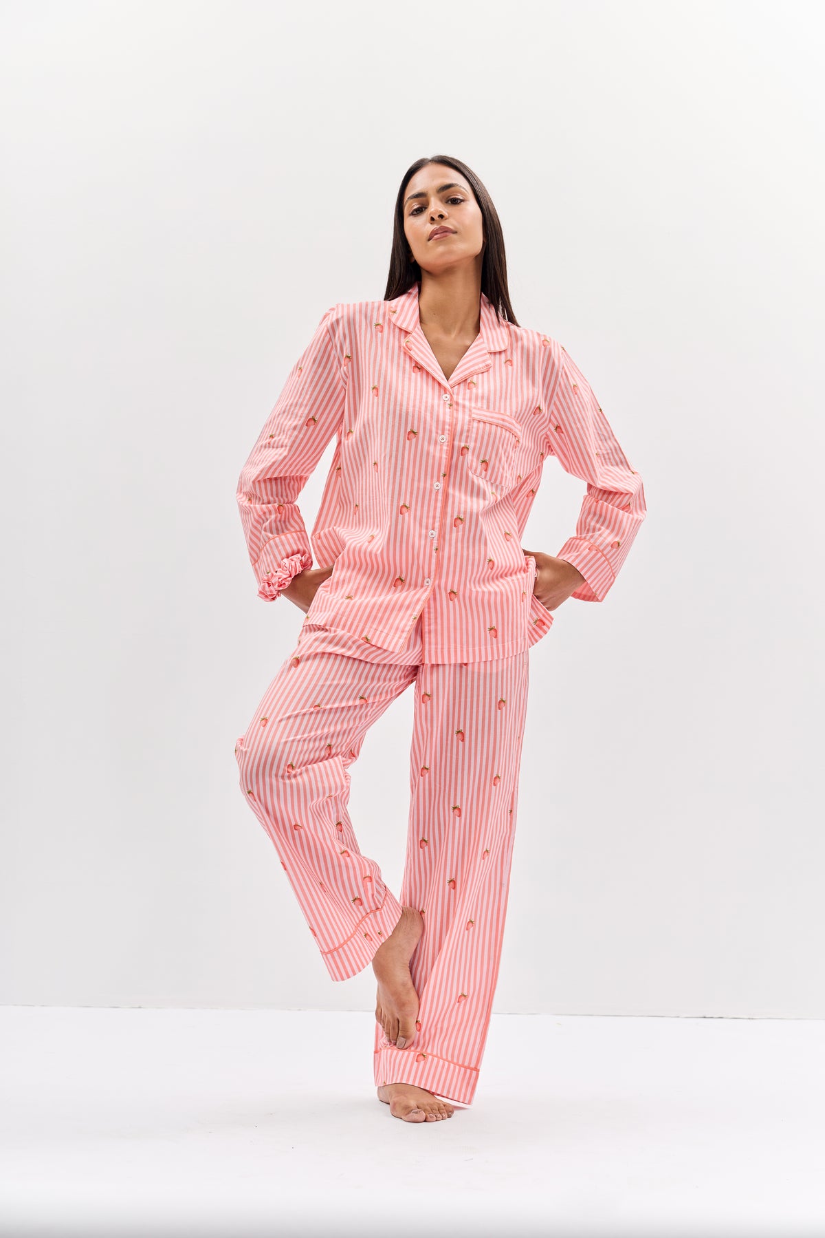 Strawberry Print Cotton Night Suit Set-Pink