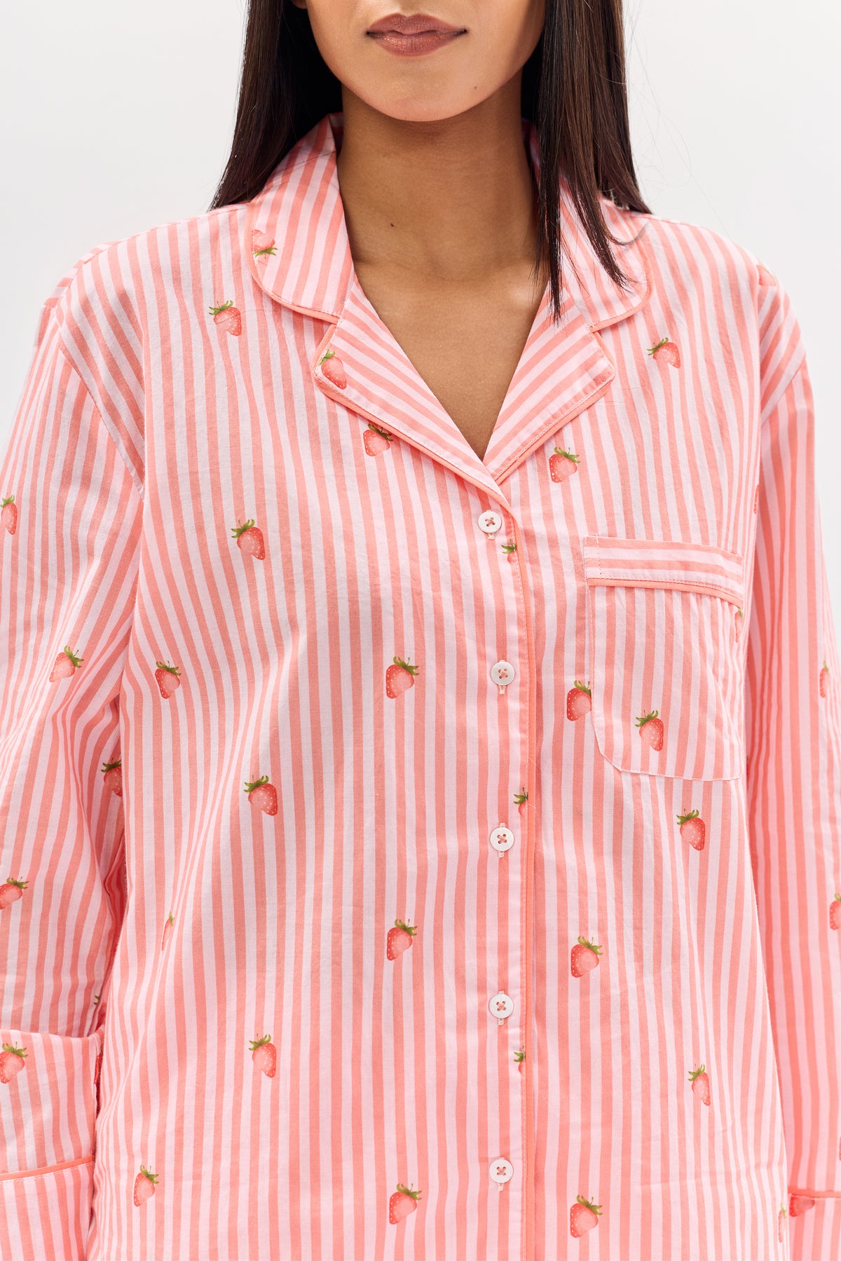 Strawberry Print Cotton Night Suit Set-Pink