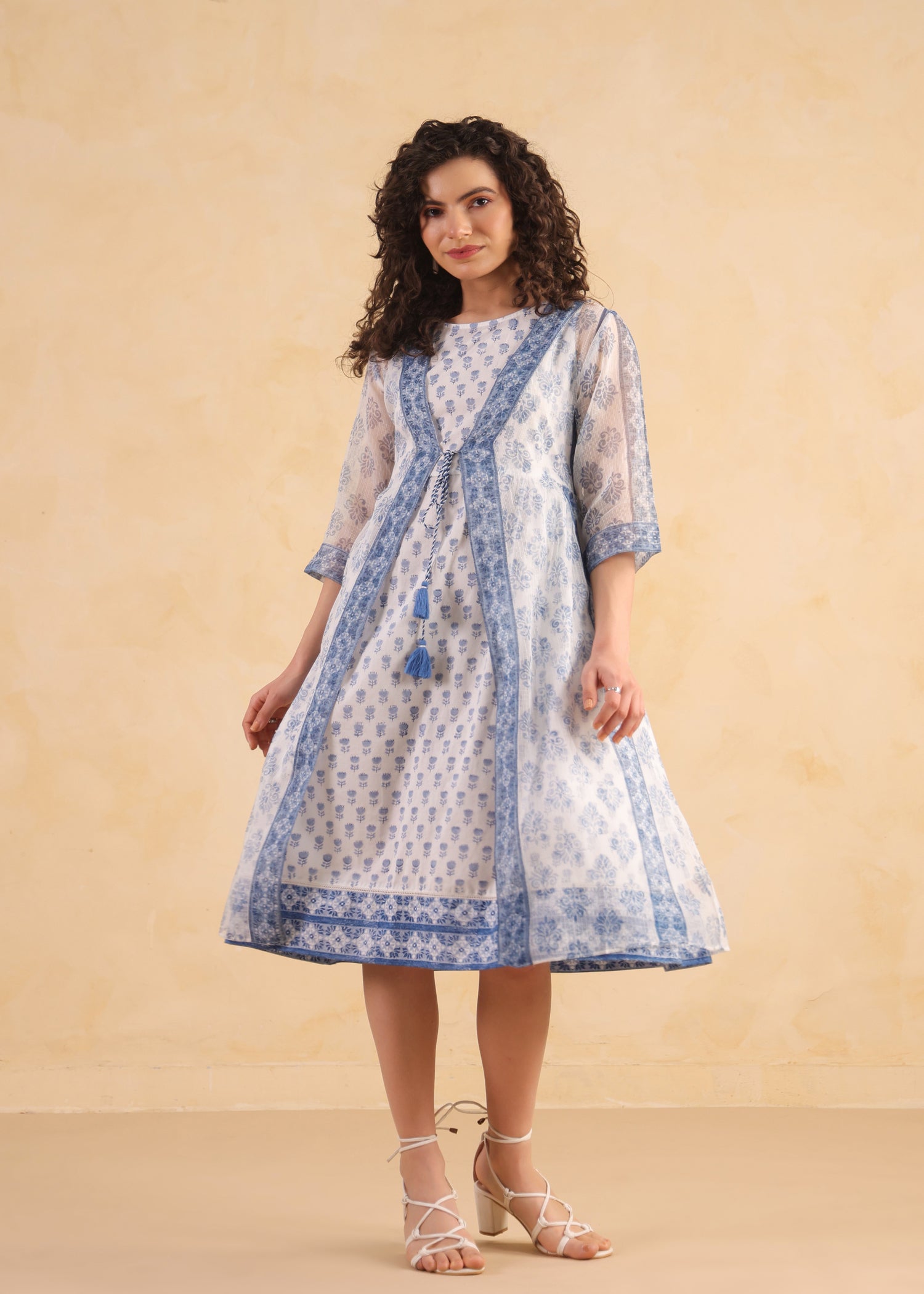 Kota Doria Shrug Dress – Blue/White