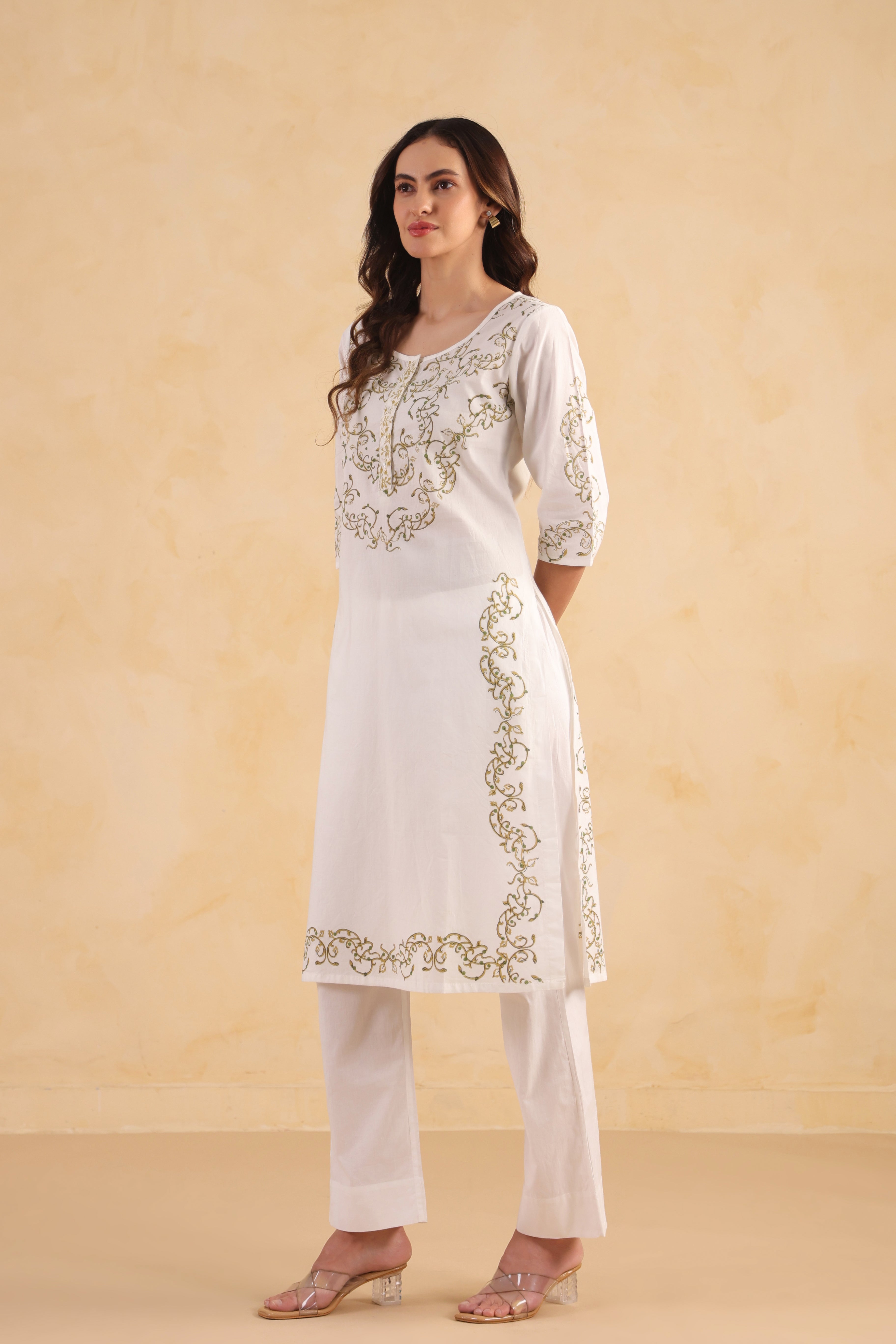 Raagni Cotton Kurta-White/Green