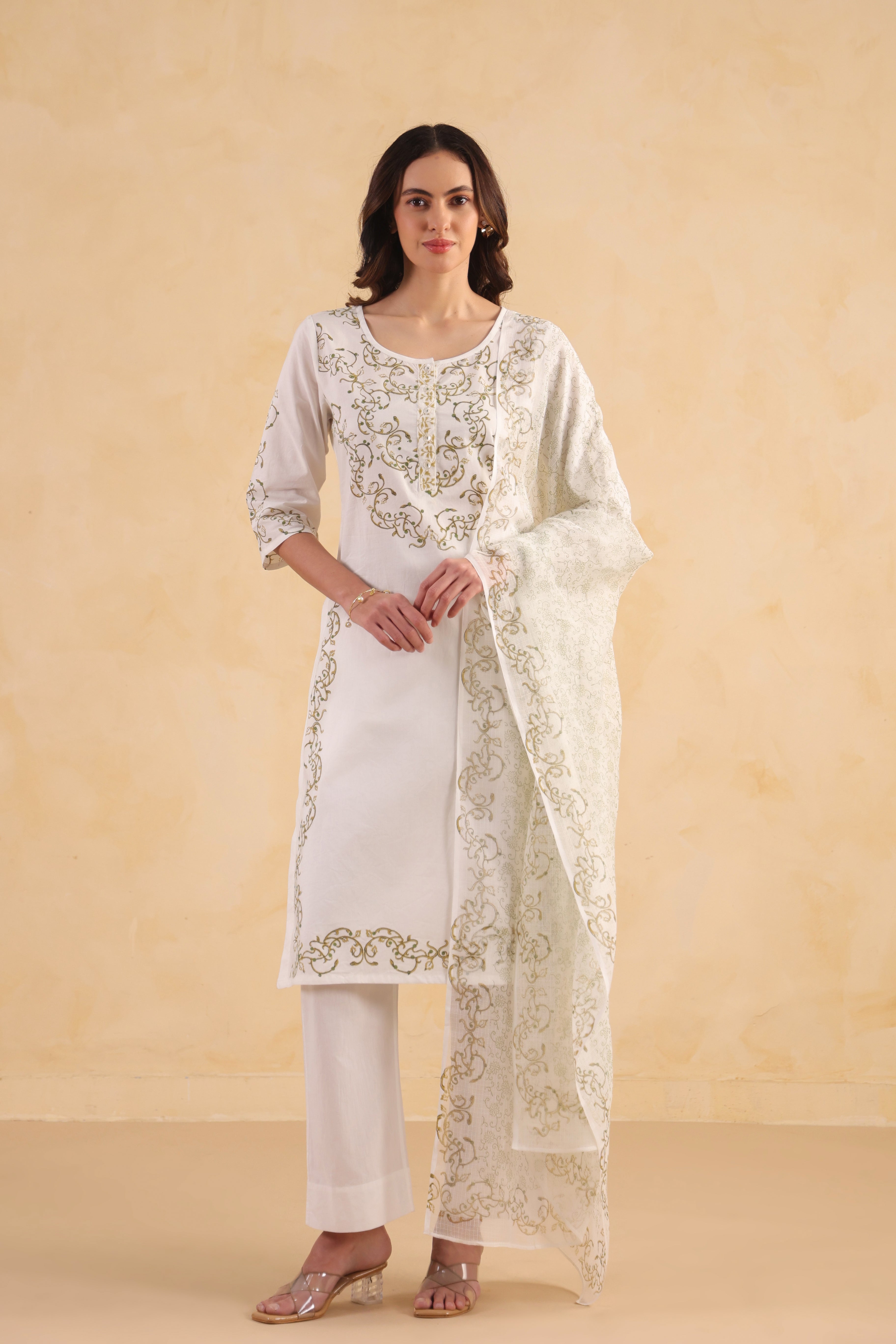 Kota Doria Printed Dupatta - Green/White