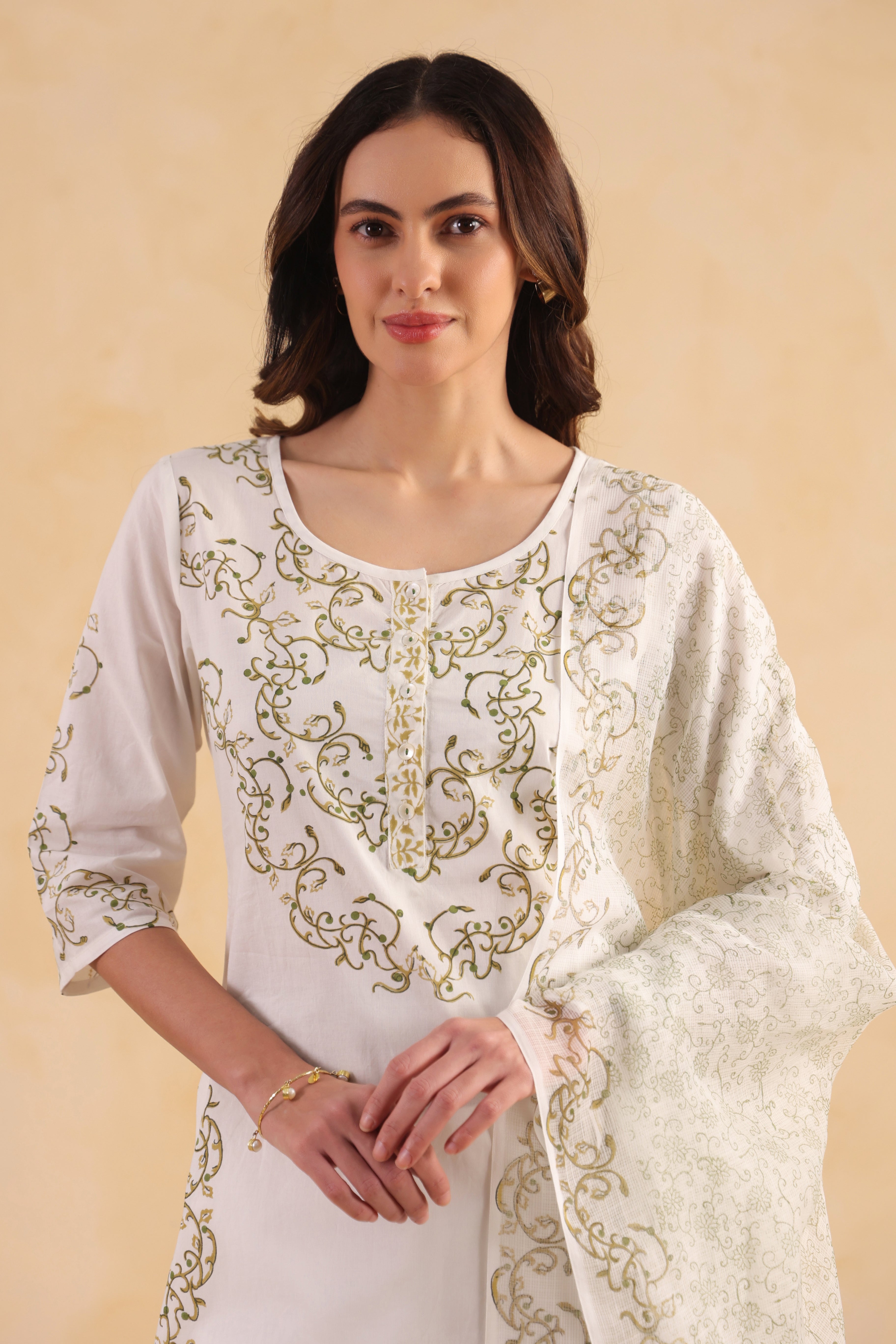 Kota Doria Printed Dupatta - Green/White