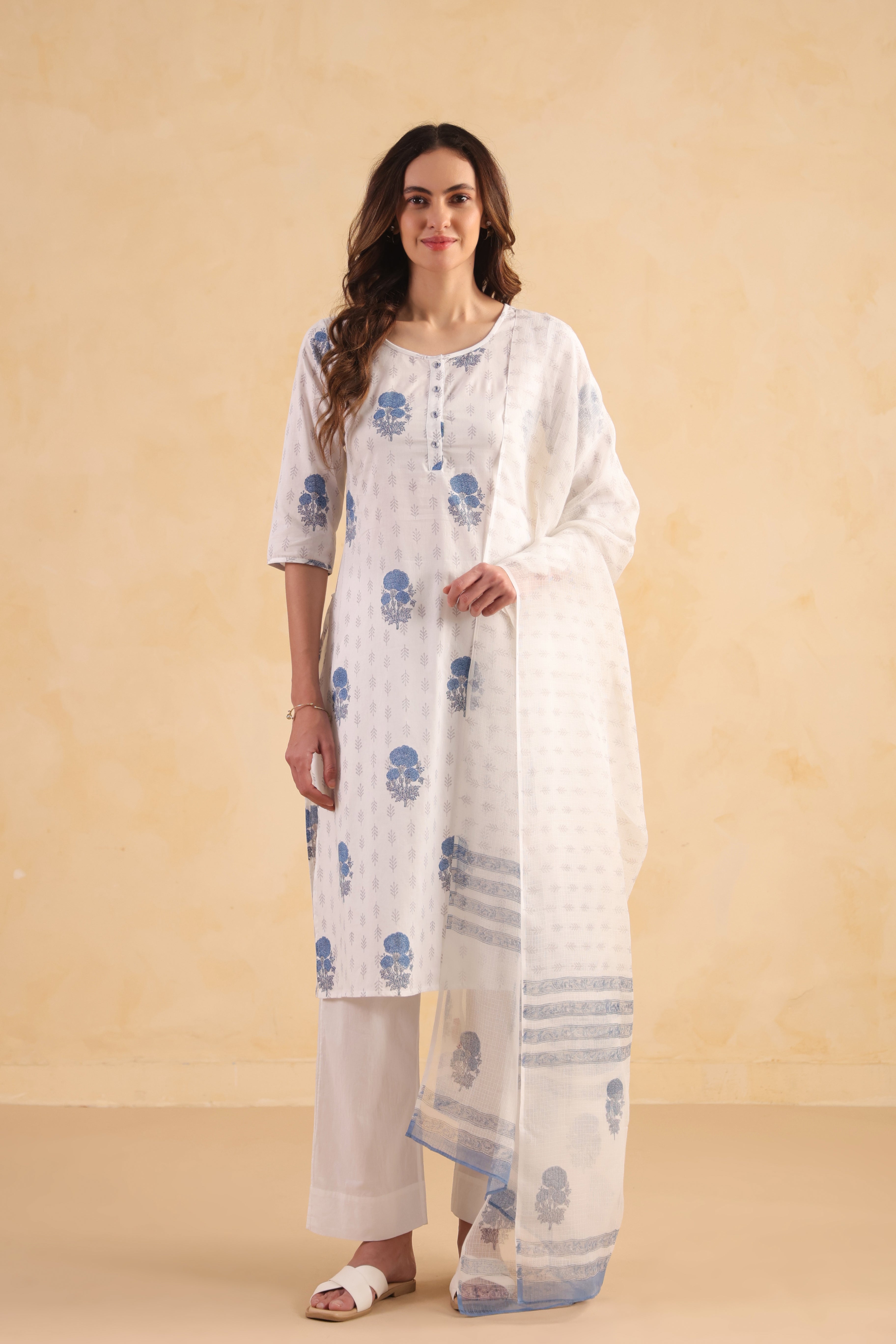 Kota Doria Printed Dupatta - Blue/White