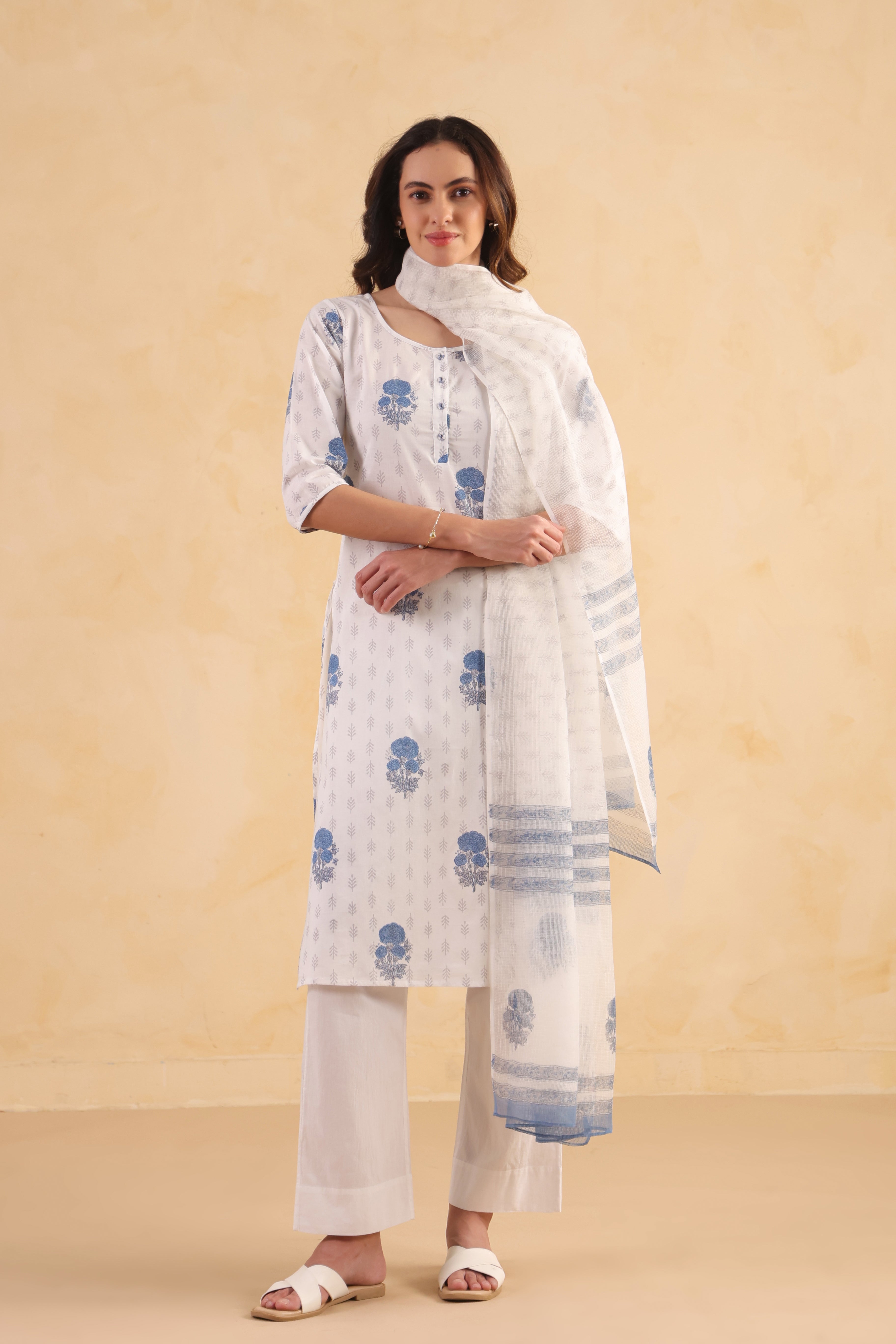 Kota Doria Printed Dupatta - Blue/White
