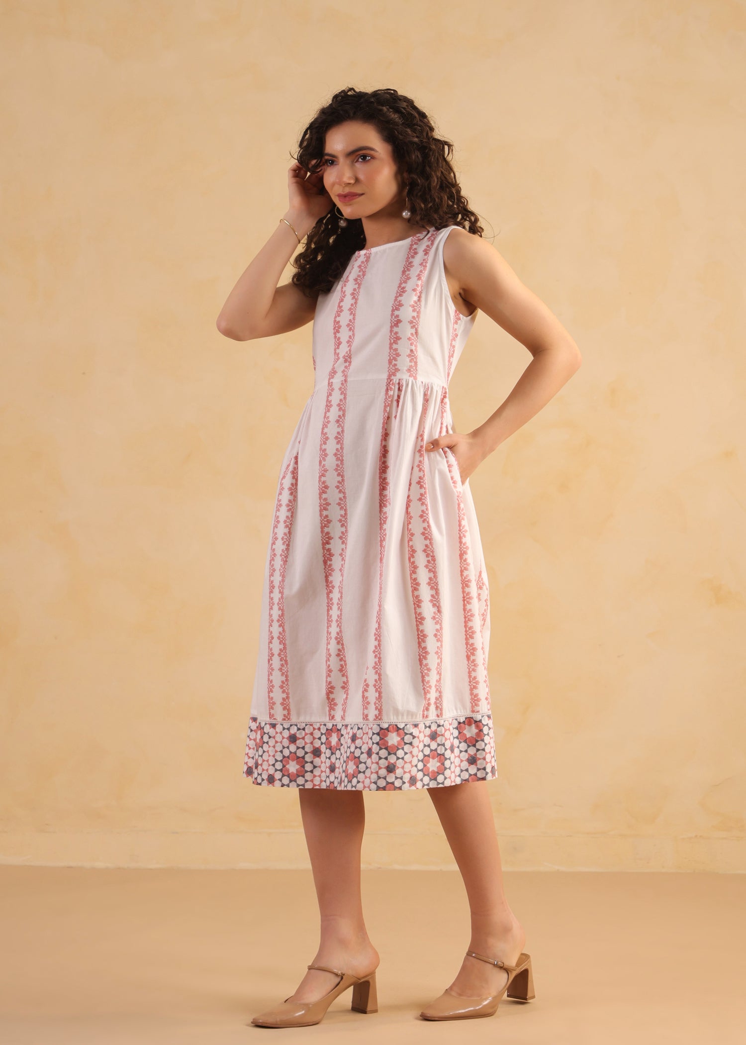 Kota Doria Shrug Dress – Peach/White