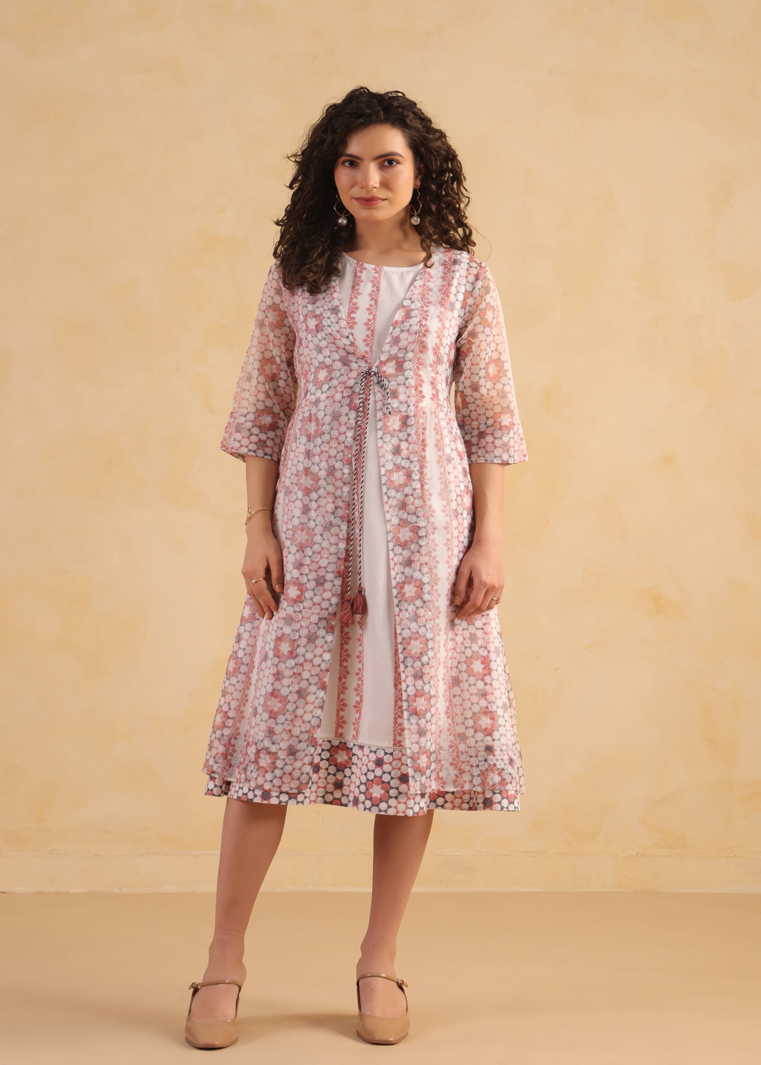 Kota Doria Shrug Dress – Peach/White