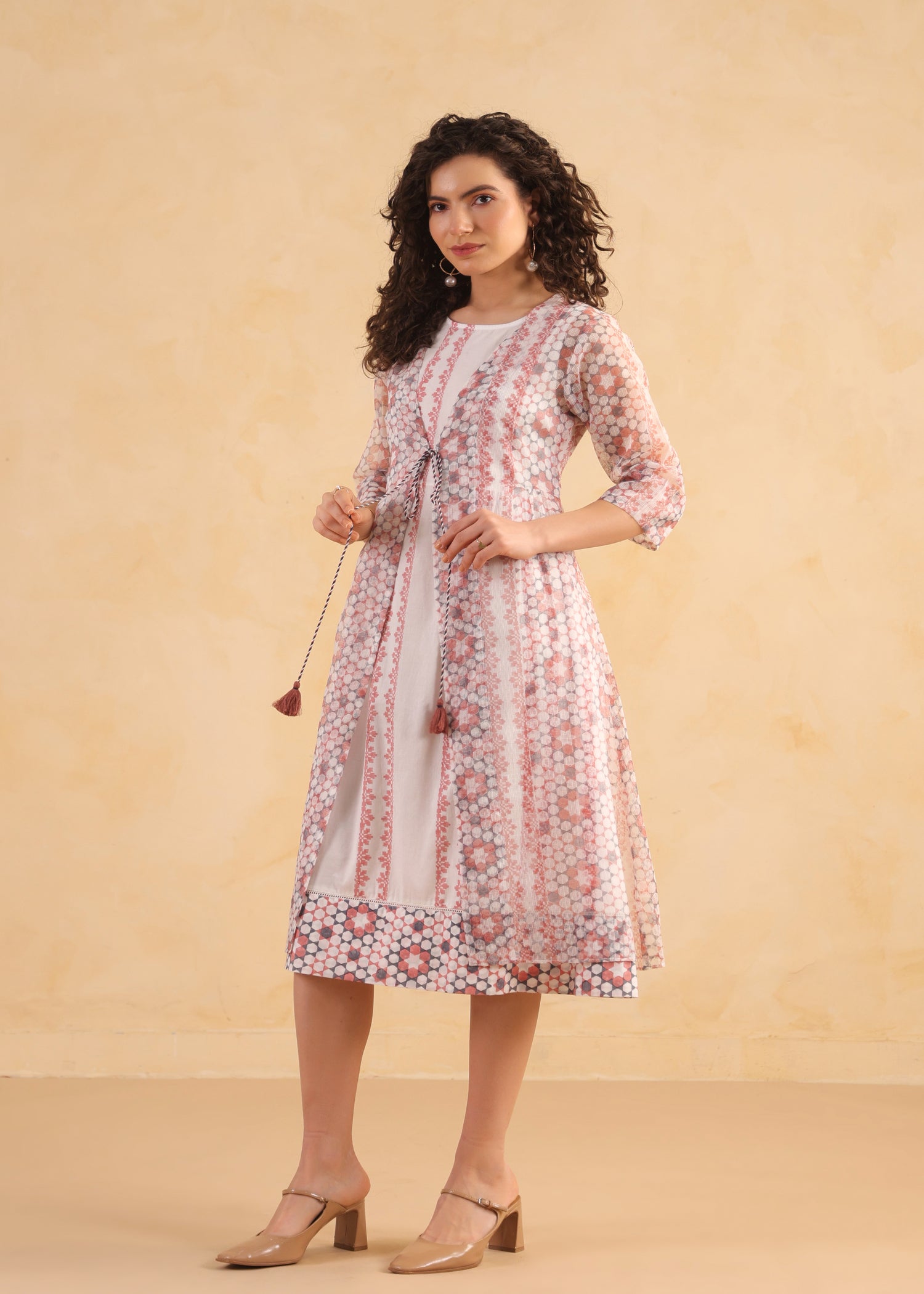 Kota Doria Shrug Dress – Peach/White