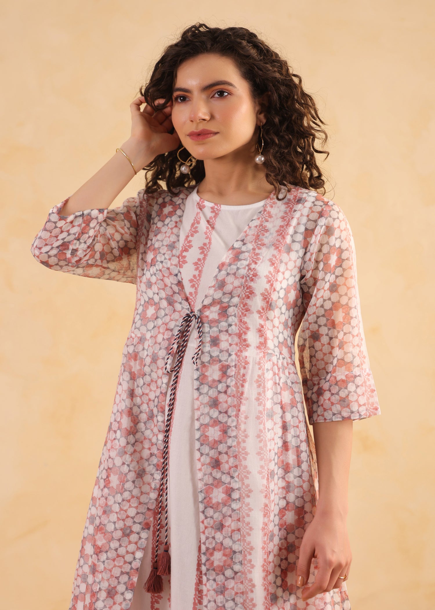 Kota Doria Shrug Dress – Peach/White