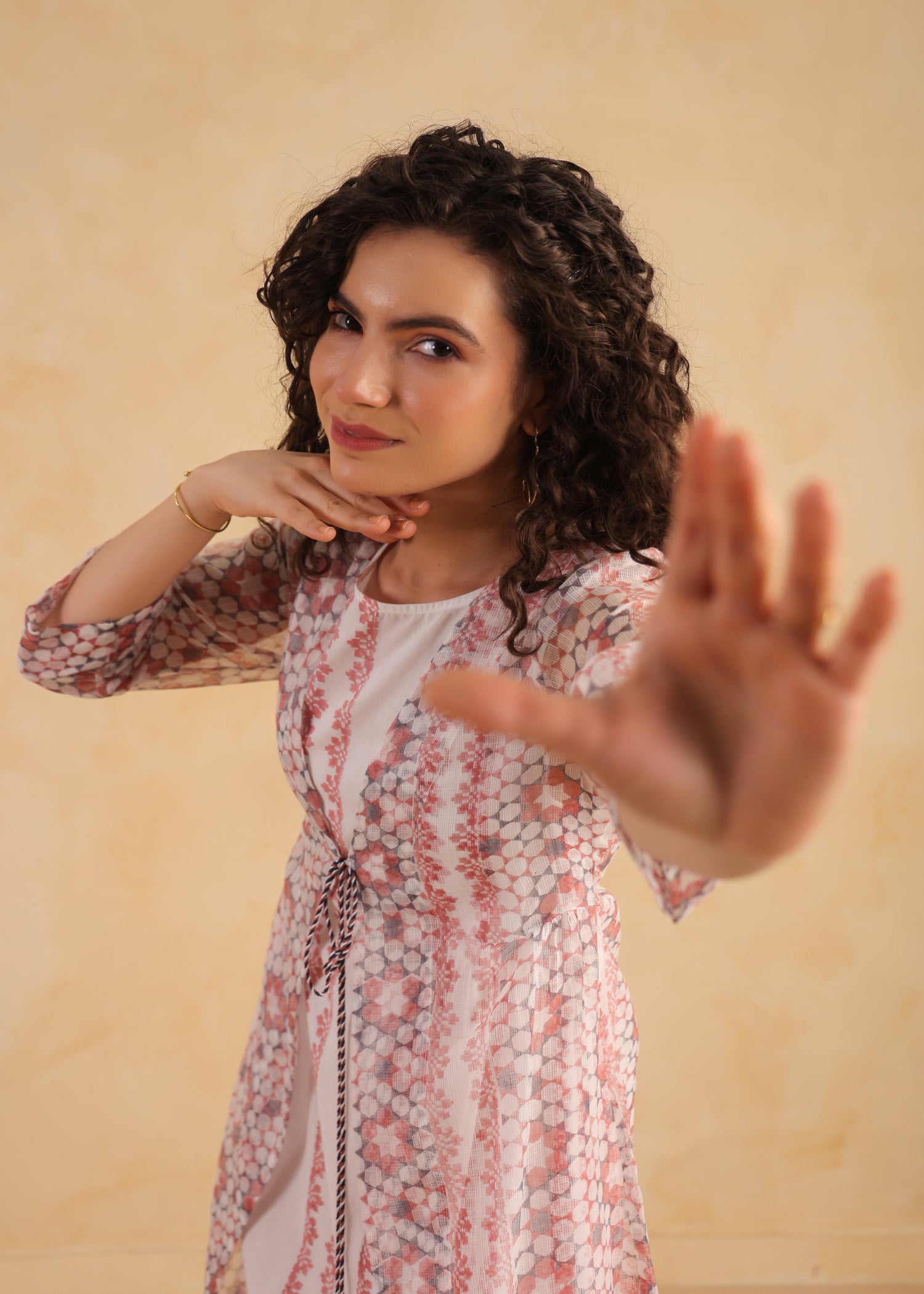 Kota Doria Shrug Dress – Peach/White