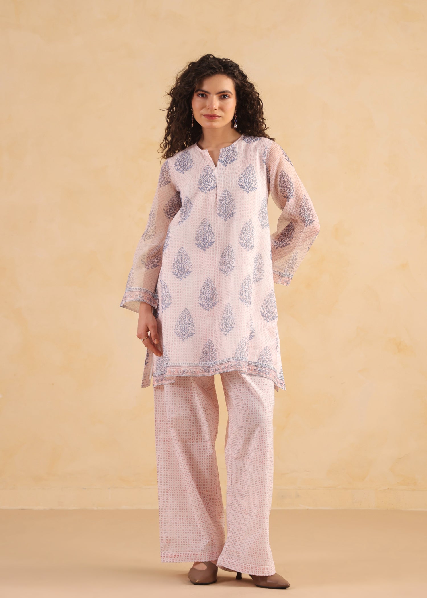 Bell Sleeve Short Kurta Set – Blue /Peach