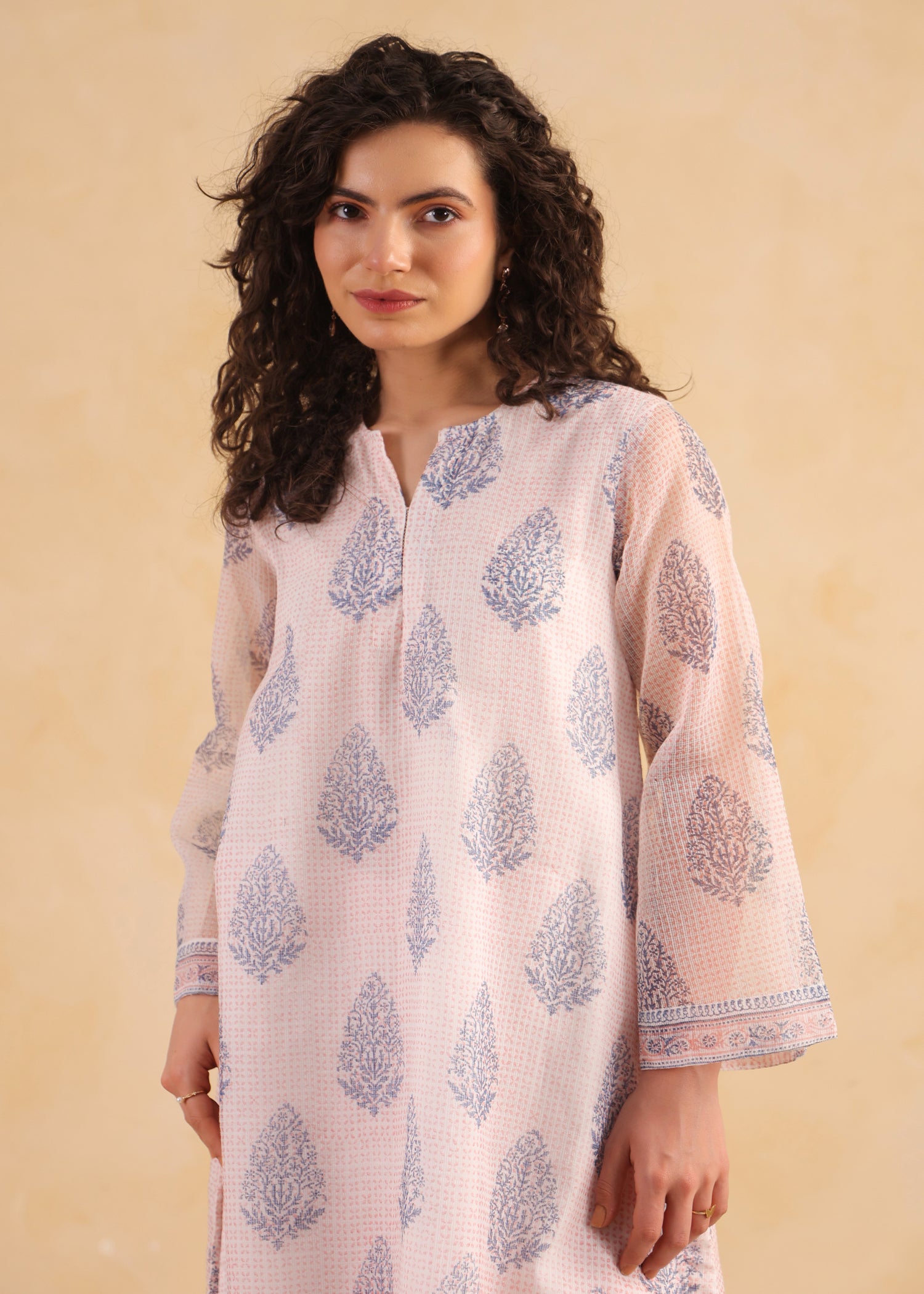 Bell Sleeve Short Kurta Set – Blue /Peach